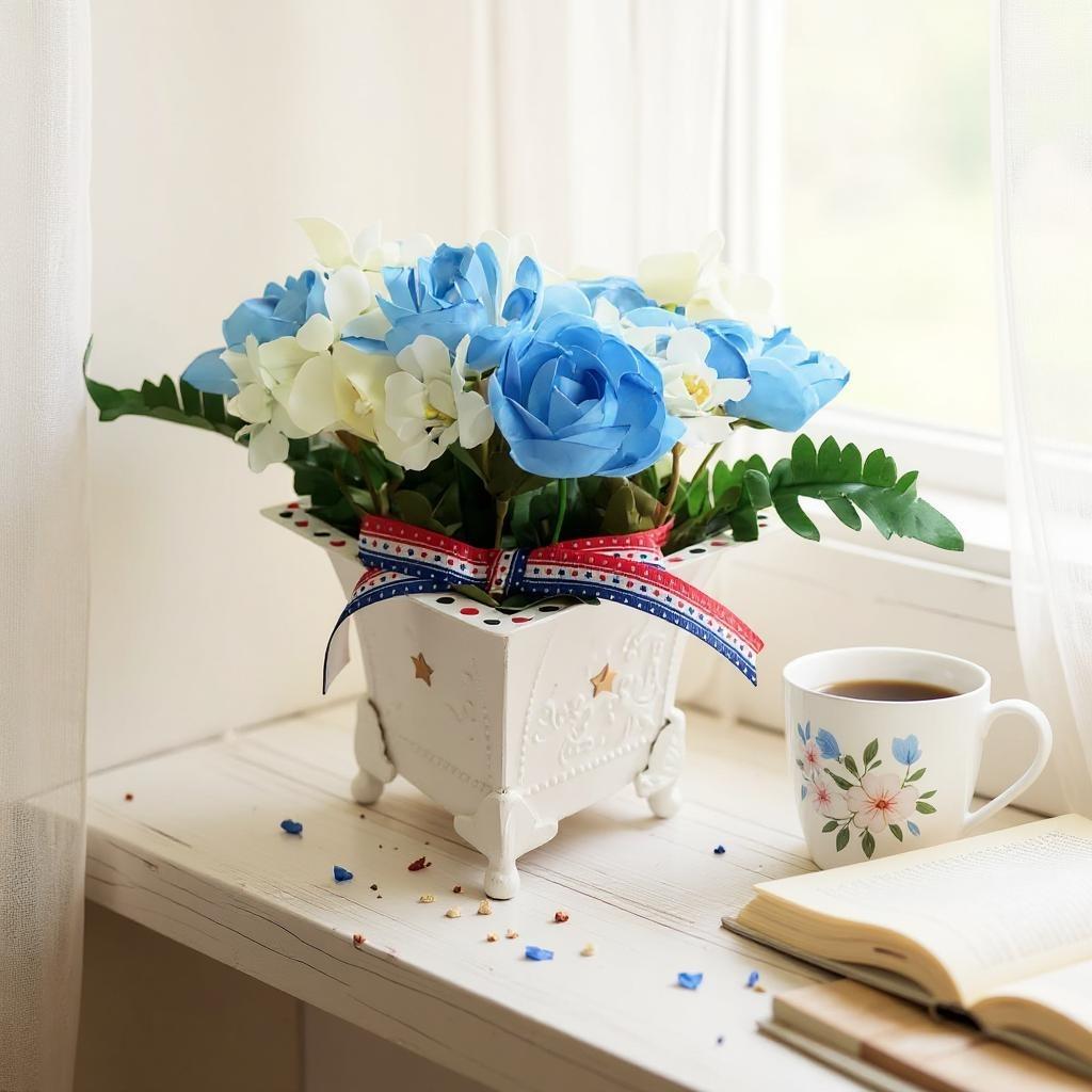 Patriotic Artificial Flower Arrangement in Metal Planter 