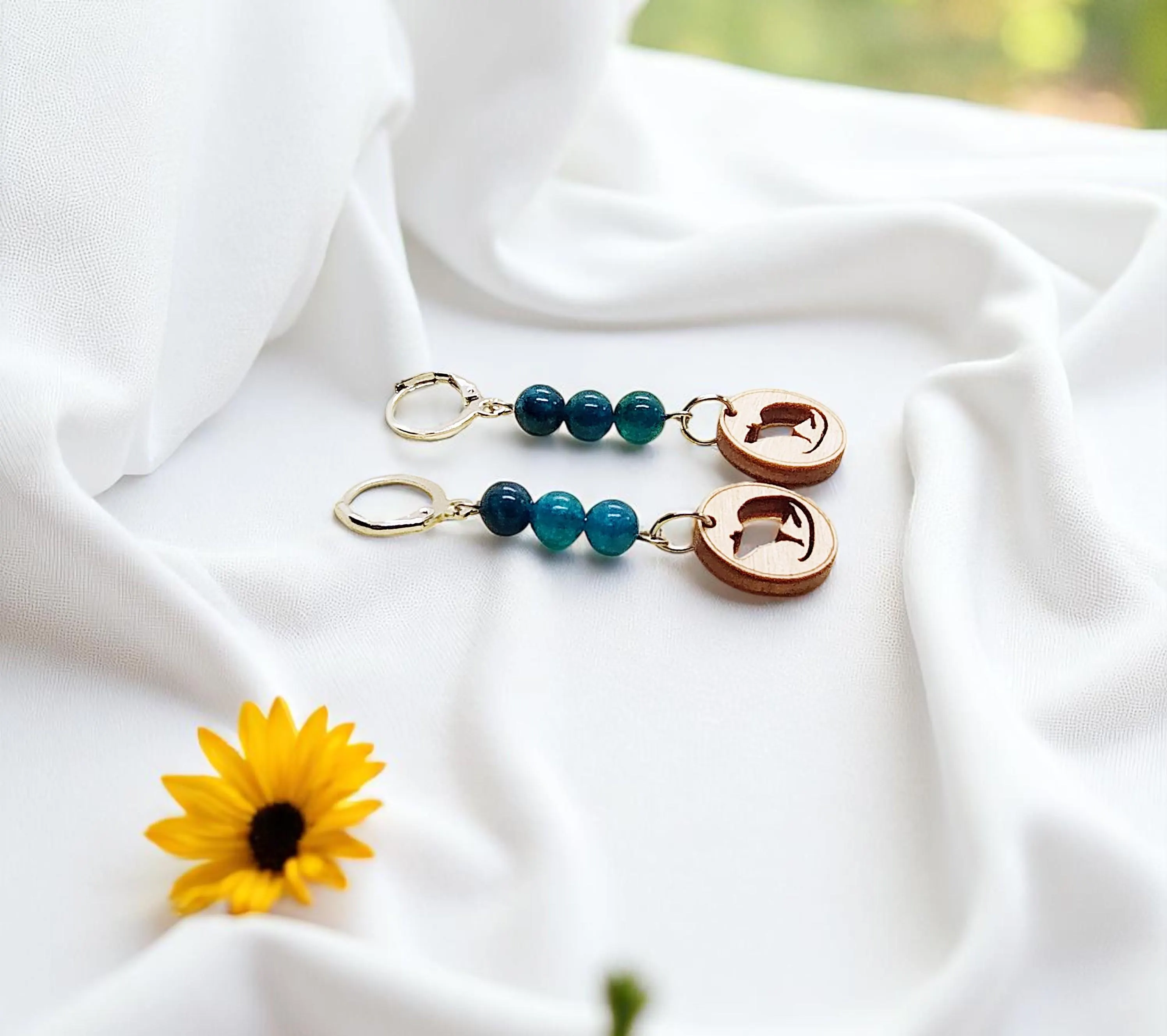 Handcrafted Cute Rat Silhouette Wood Charm & Chalcedony Gemstone Dangle Earrings