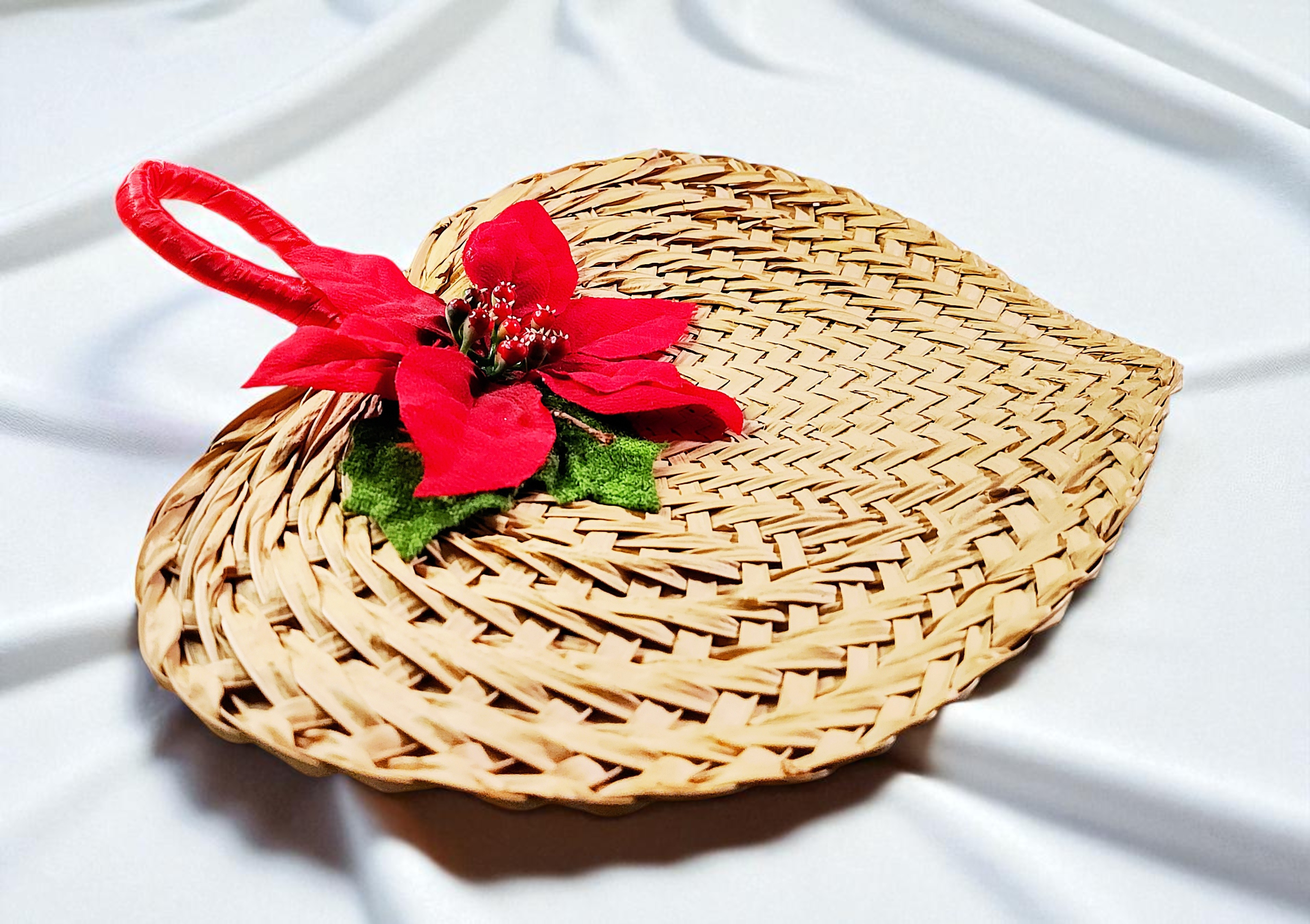 Primitive Christmas Poinsettia Straw Fan Decor 