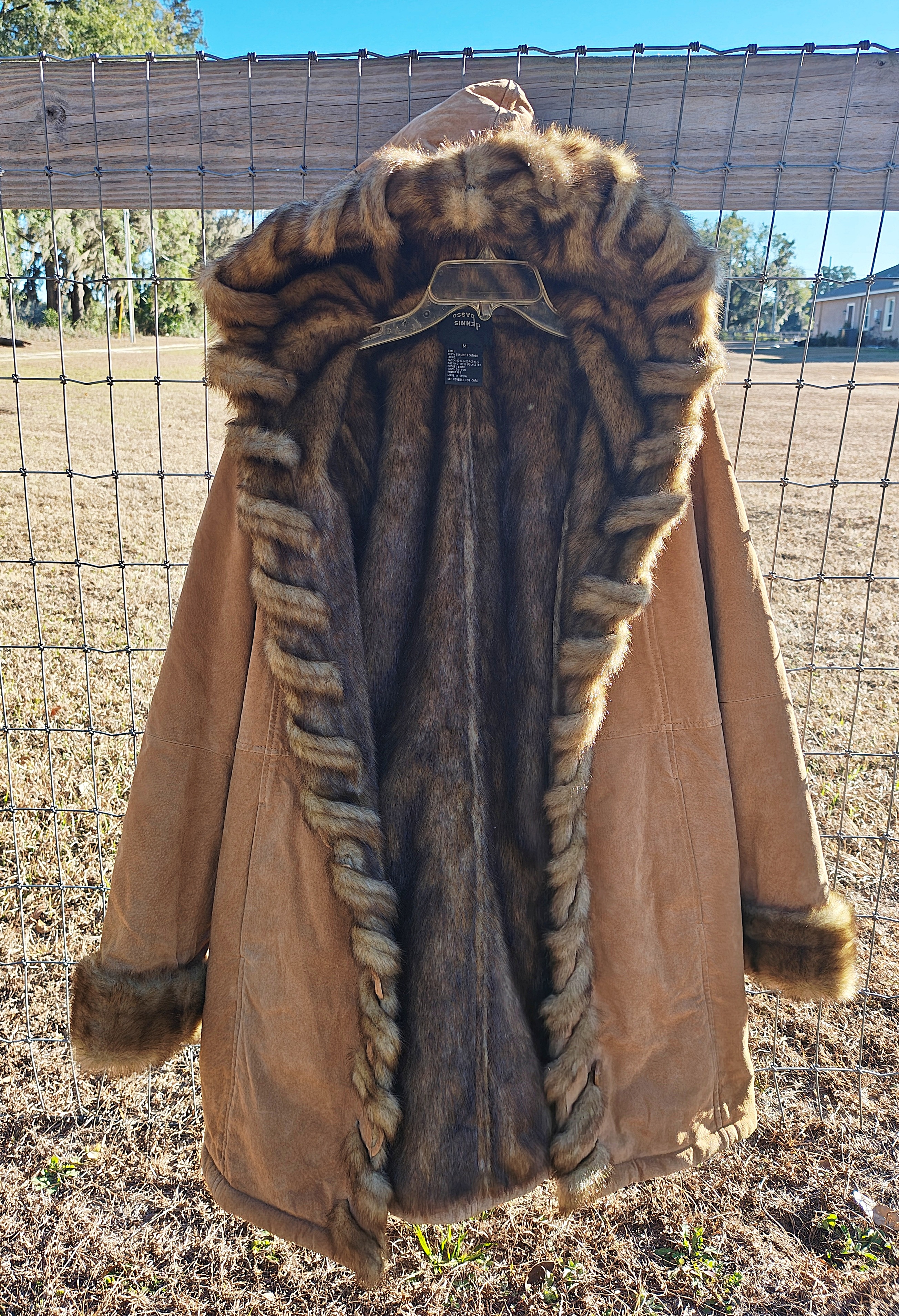 Vintage Medium DENNIS BASSO Tan Brown Suede Leather & Faux Fur Long Button Down Hooded Winter Coat