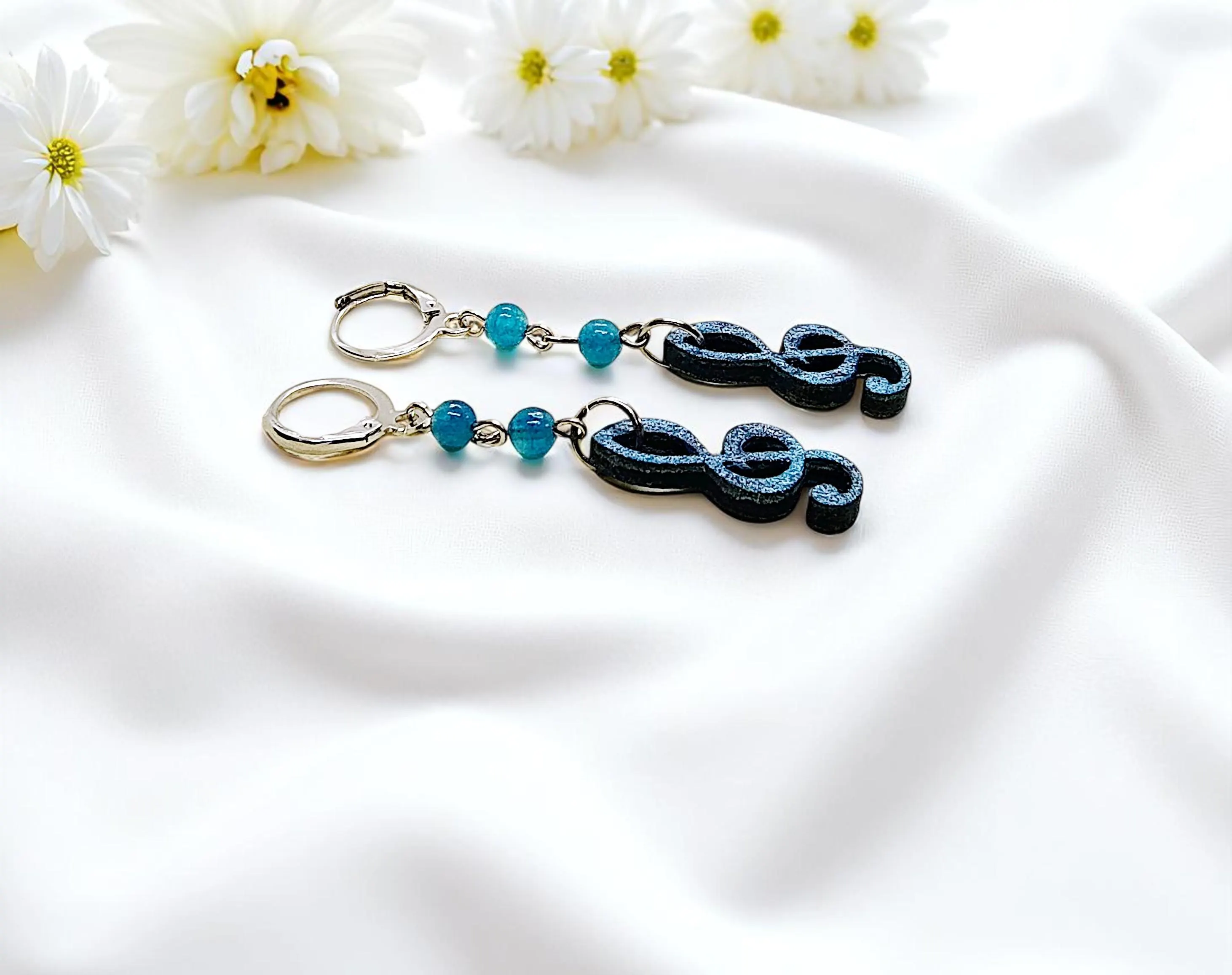 Wooden Treble Clef Gemstone Dangle Earrings 