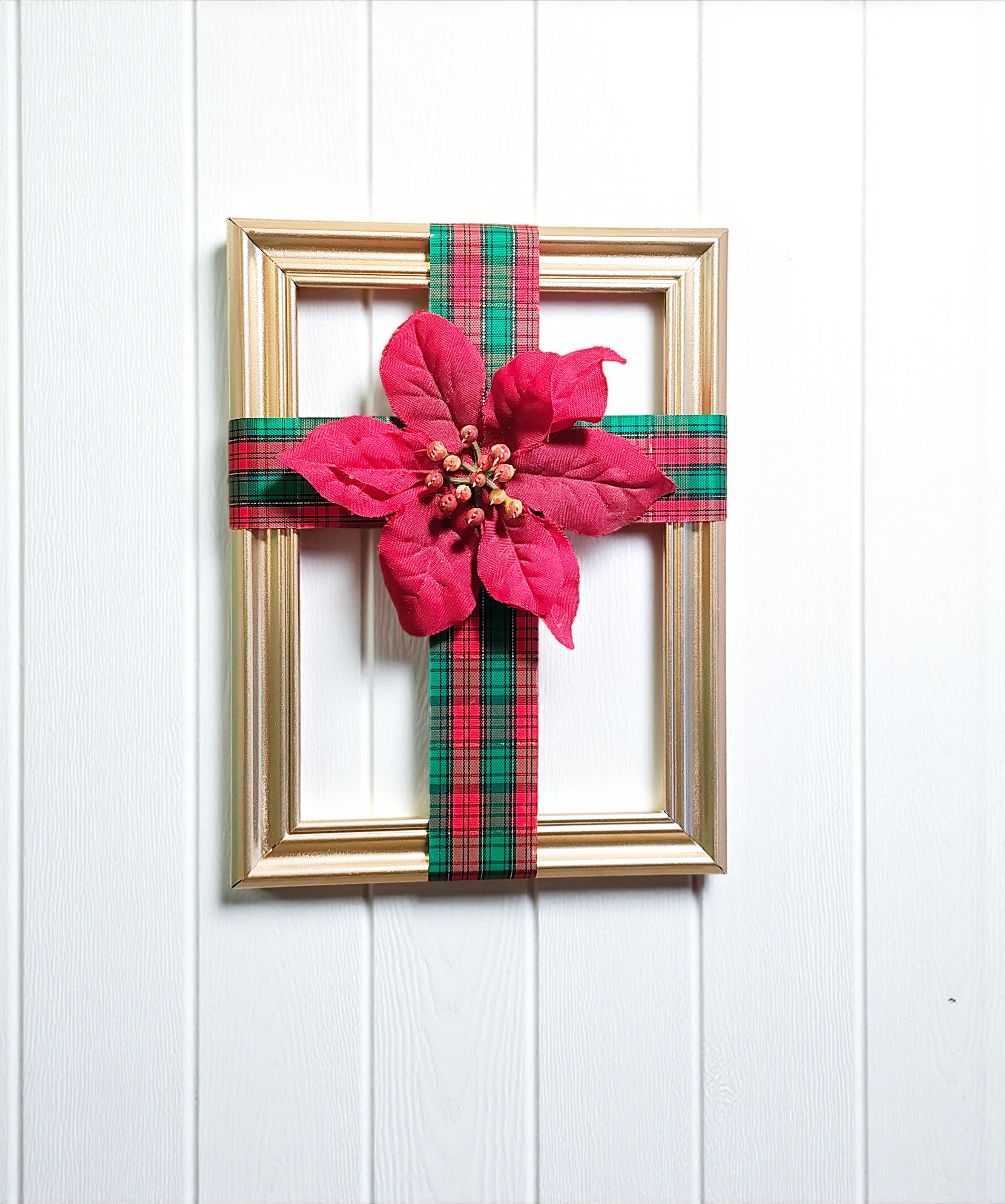 Gold Christmas Ribbon Cross Frame Wall Hanging with Poinsettia