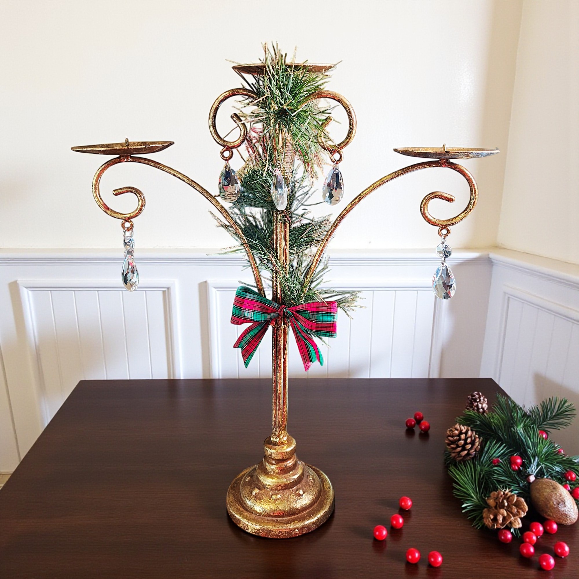 Large Gold Metal Christmas Candle Holder with Crystals