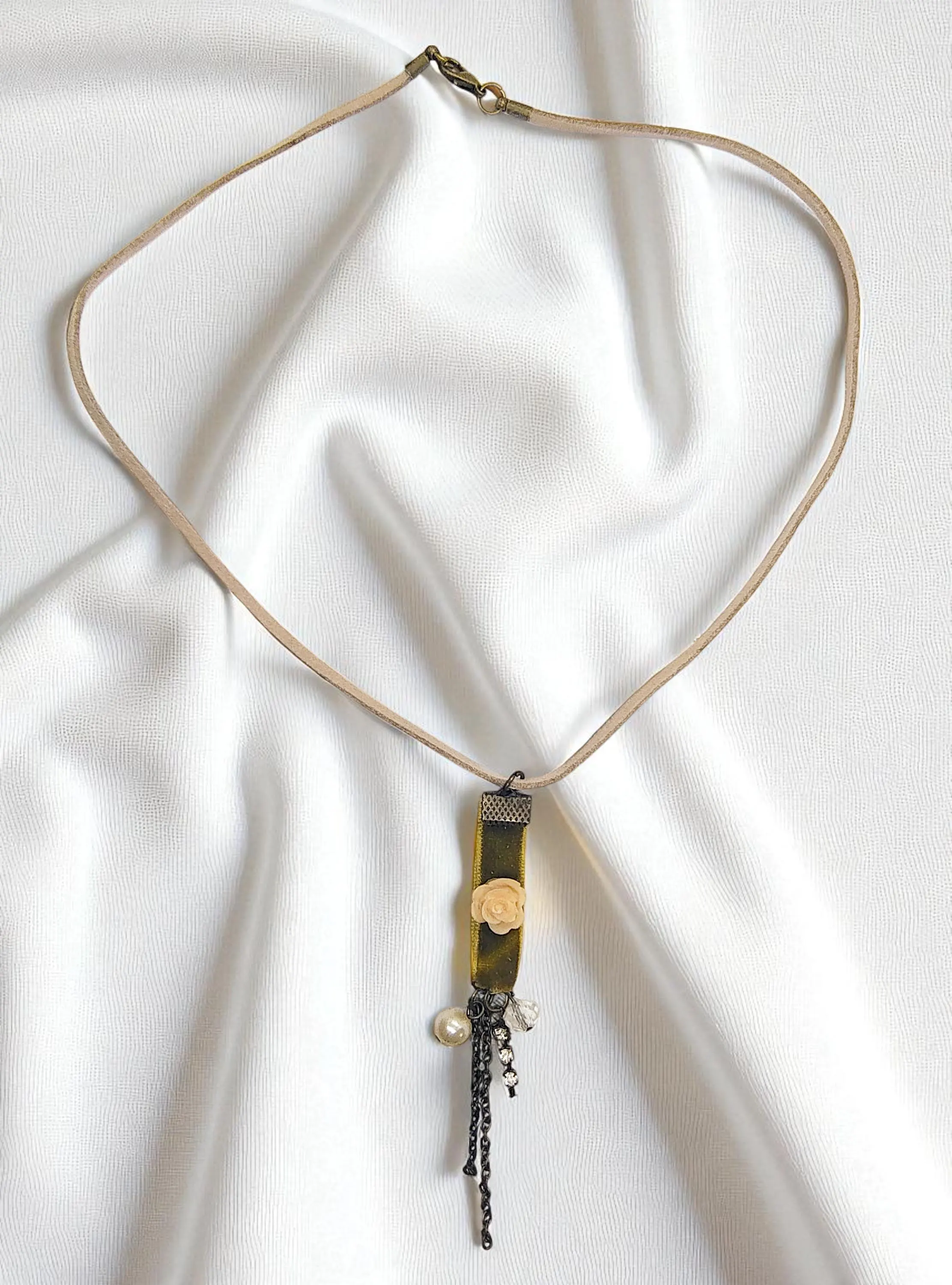 Vintage Inspired Steampunk Rose Pendant on Tan Suede Cord Necklace