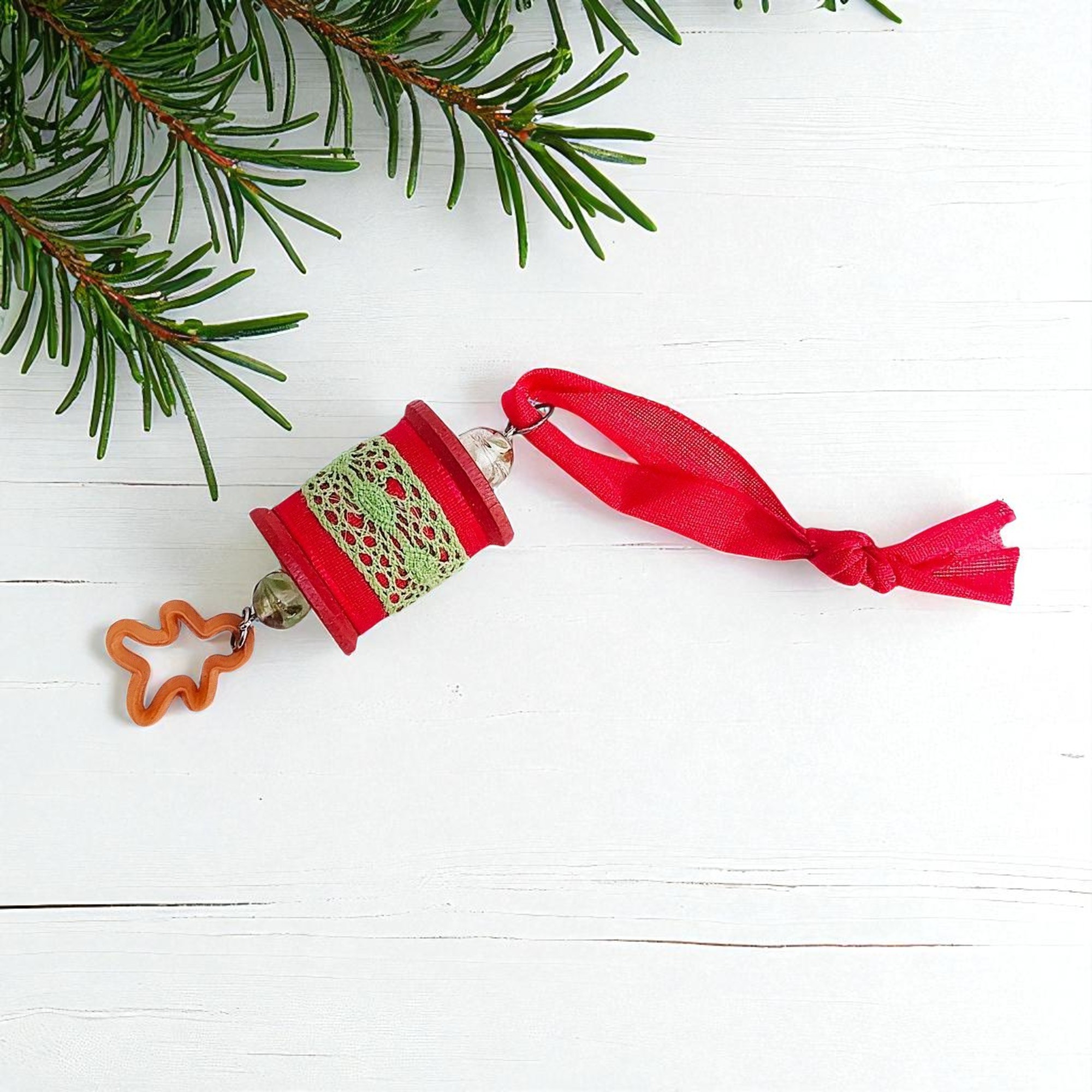 Festive Wooden Spool Christmas Ornament with Gingerbread Man 
