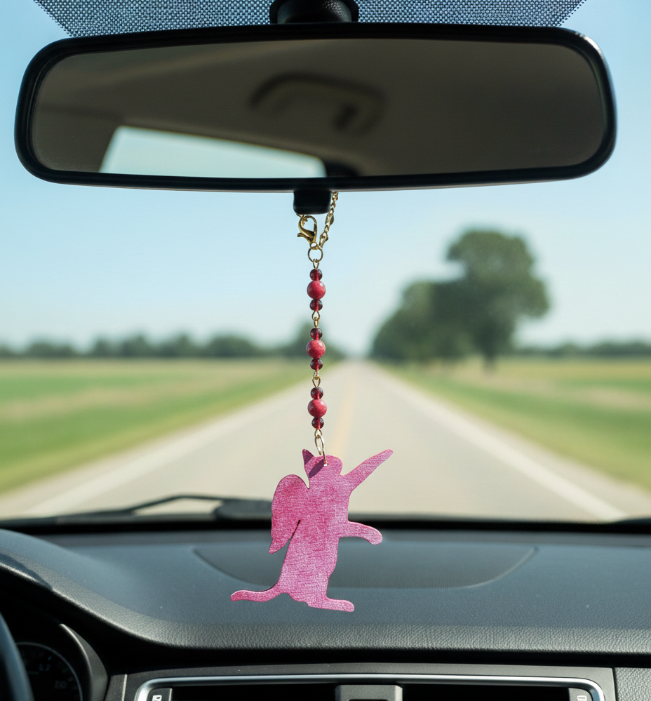 Pink Cat Angel and Beaded Gemstone Rearview Mirror Car Charm 