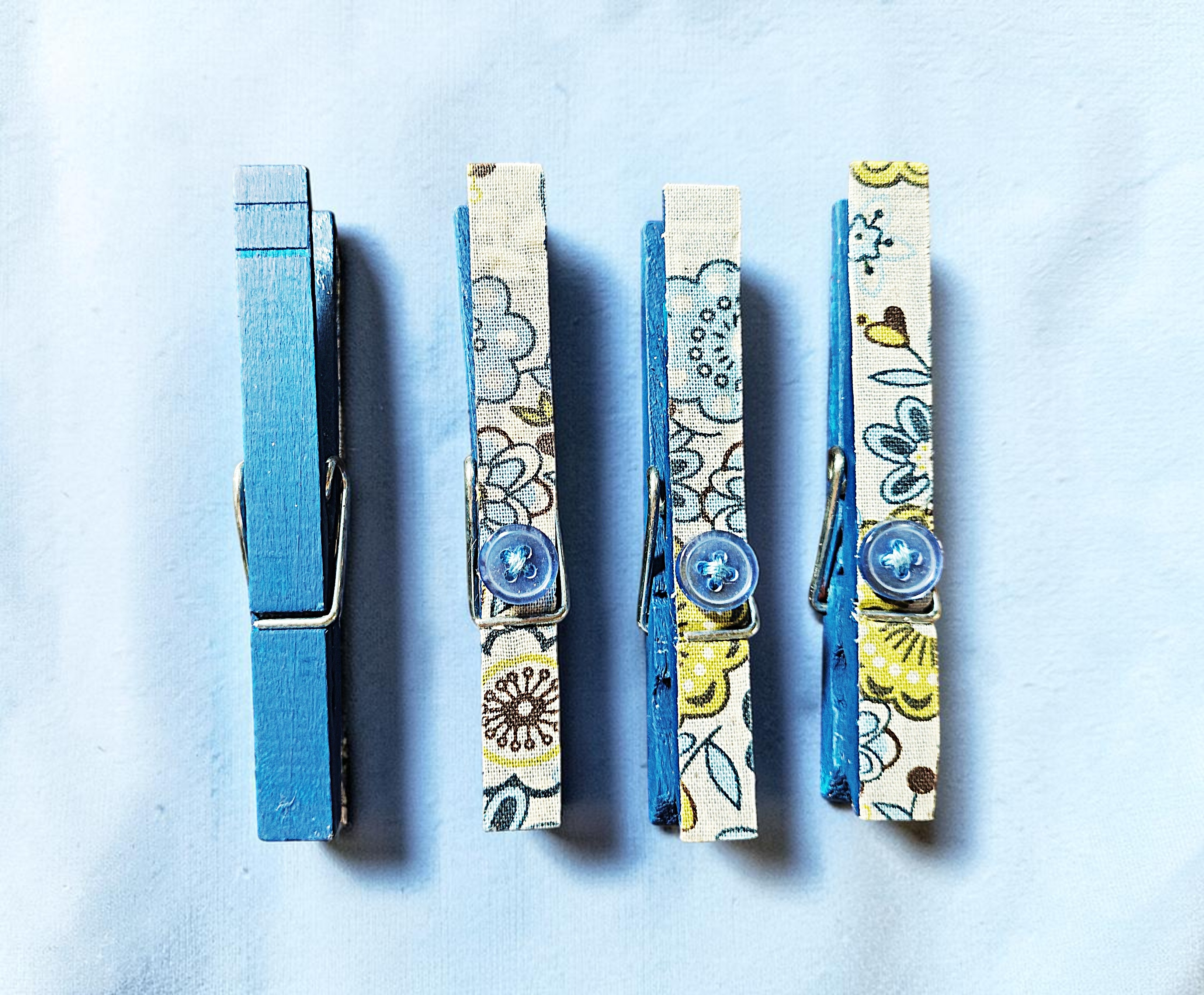 Set of 4 Handmade Fabric-Covered Wooden Clothespins with Buttons