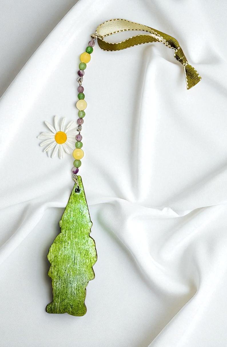 Whimsical Handmade Garden Gnome Gemstone Hanging Ornament