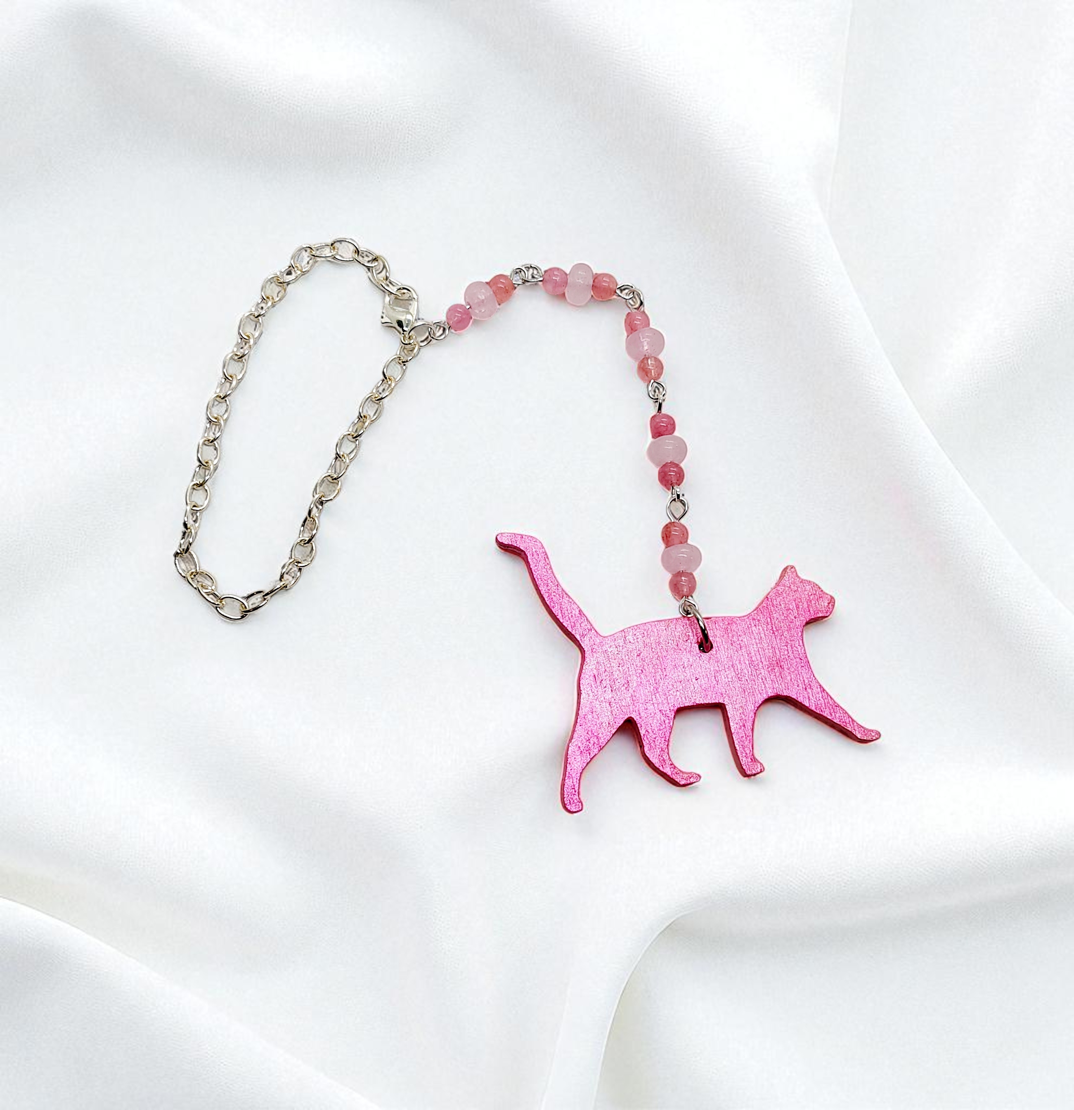 Pink Cat Beaded Gemstone Hanging Rearview Mirror Car Charm