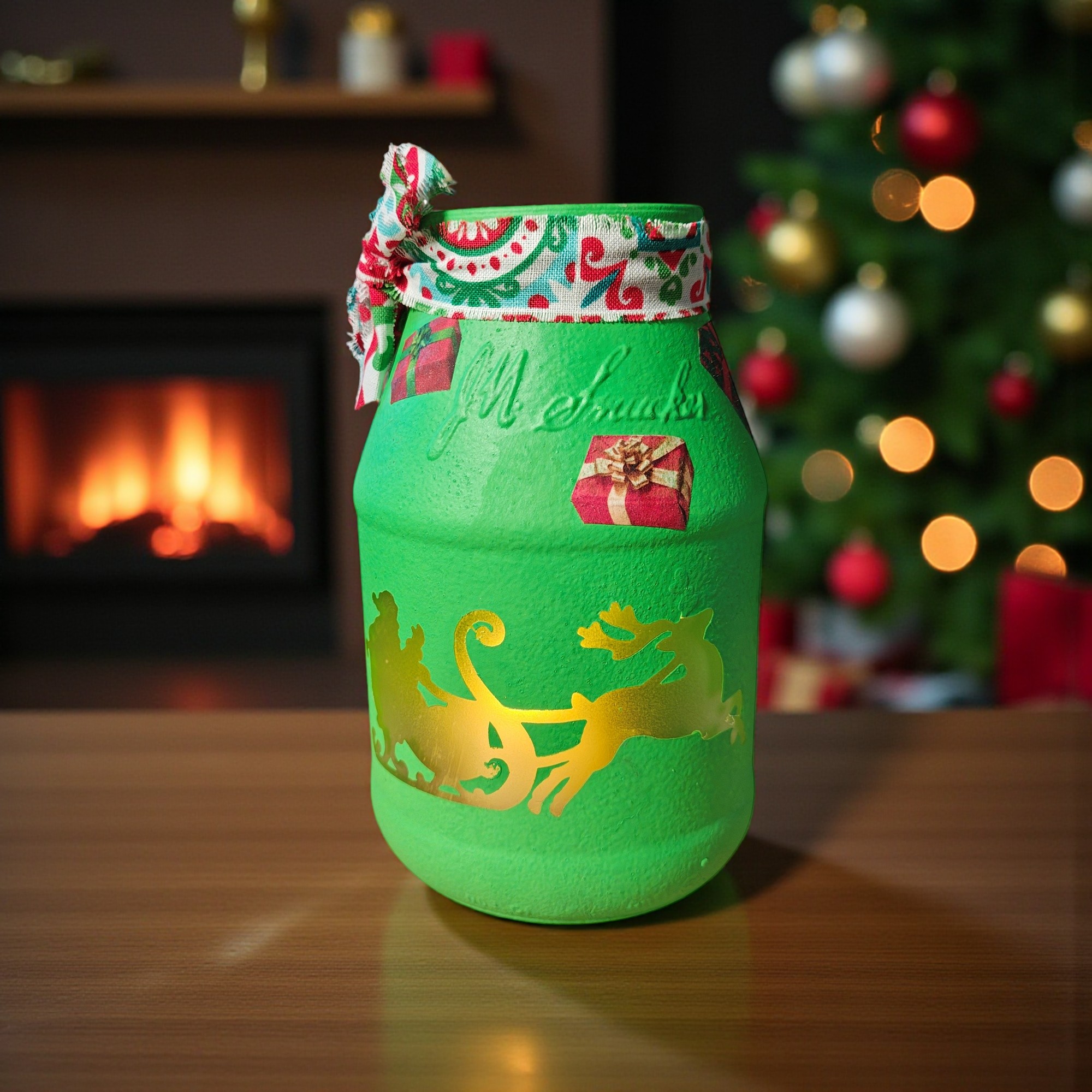 Santa Sleigh Glass Jar Tealight Candle Holder