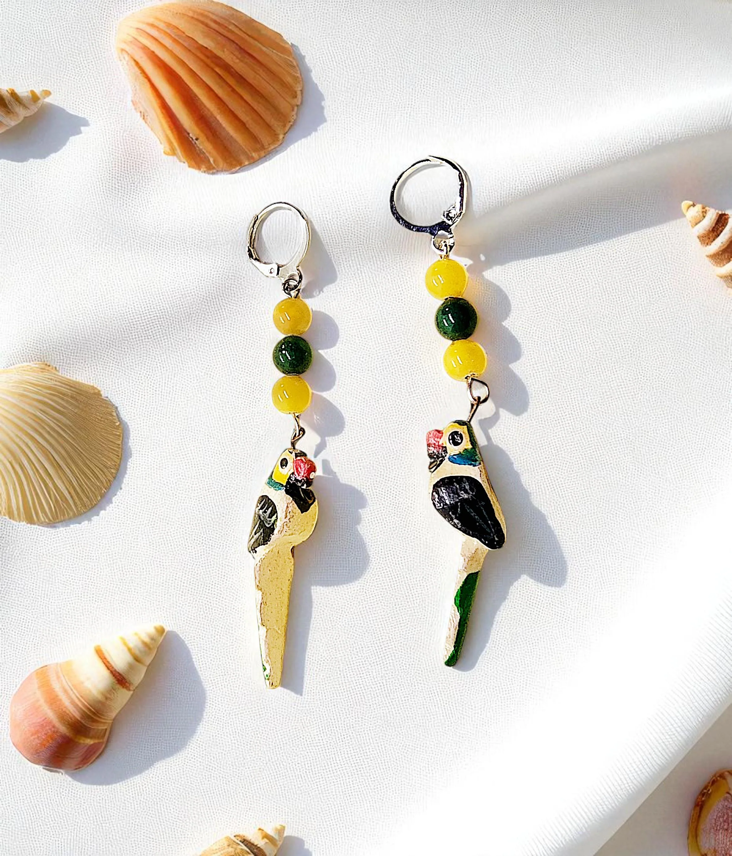 Wooden Parrot and Gemstone Summer Dangle Earrings 