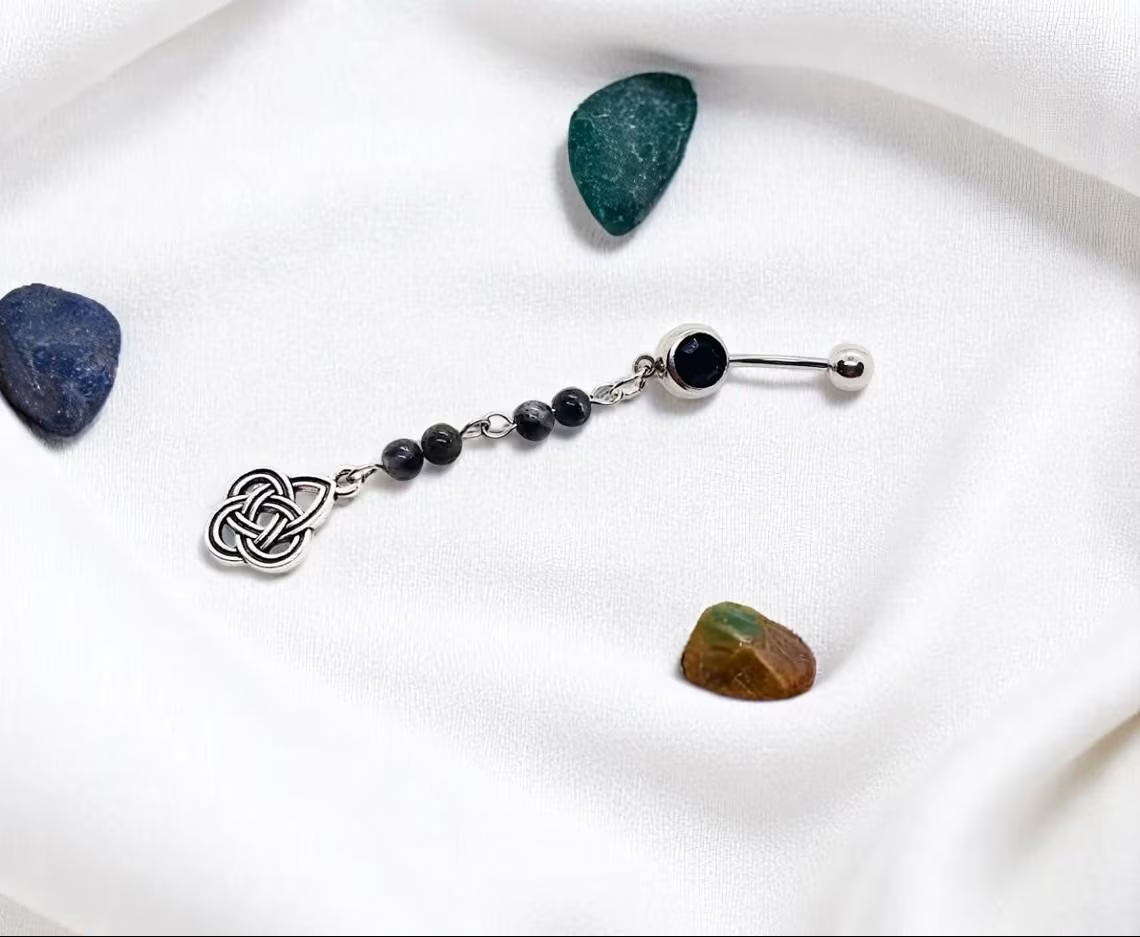 Celtic Knot & Gemstone Dangle Belly Button Ring Body Jewelry - 14 G