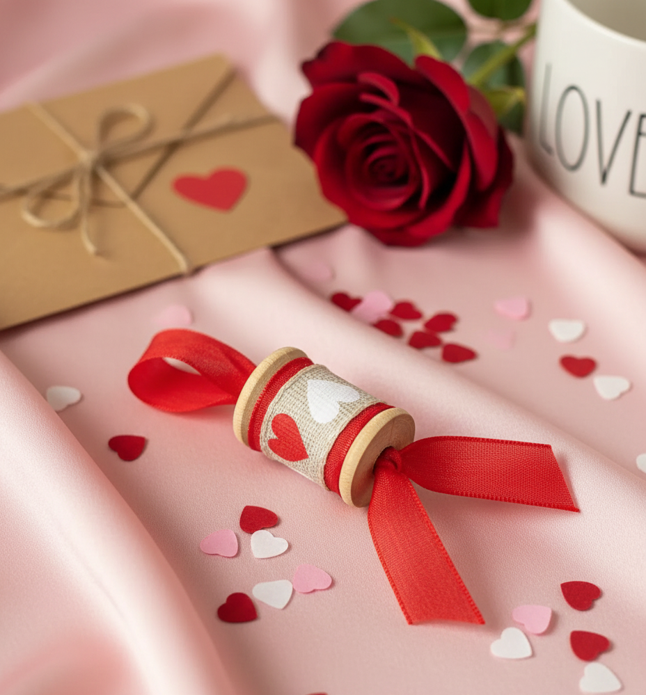 Wooden Decorative Red & White Heart Spool Ornament 