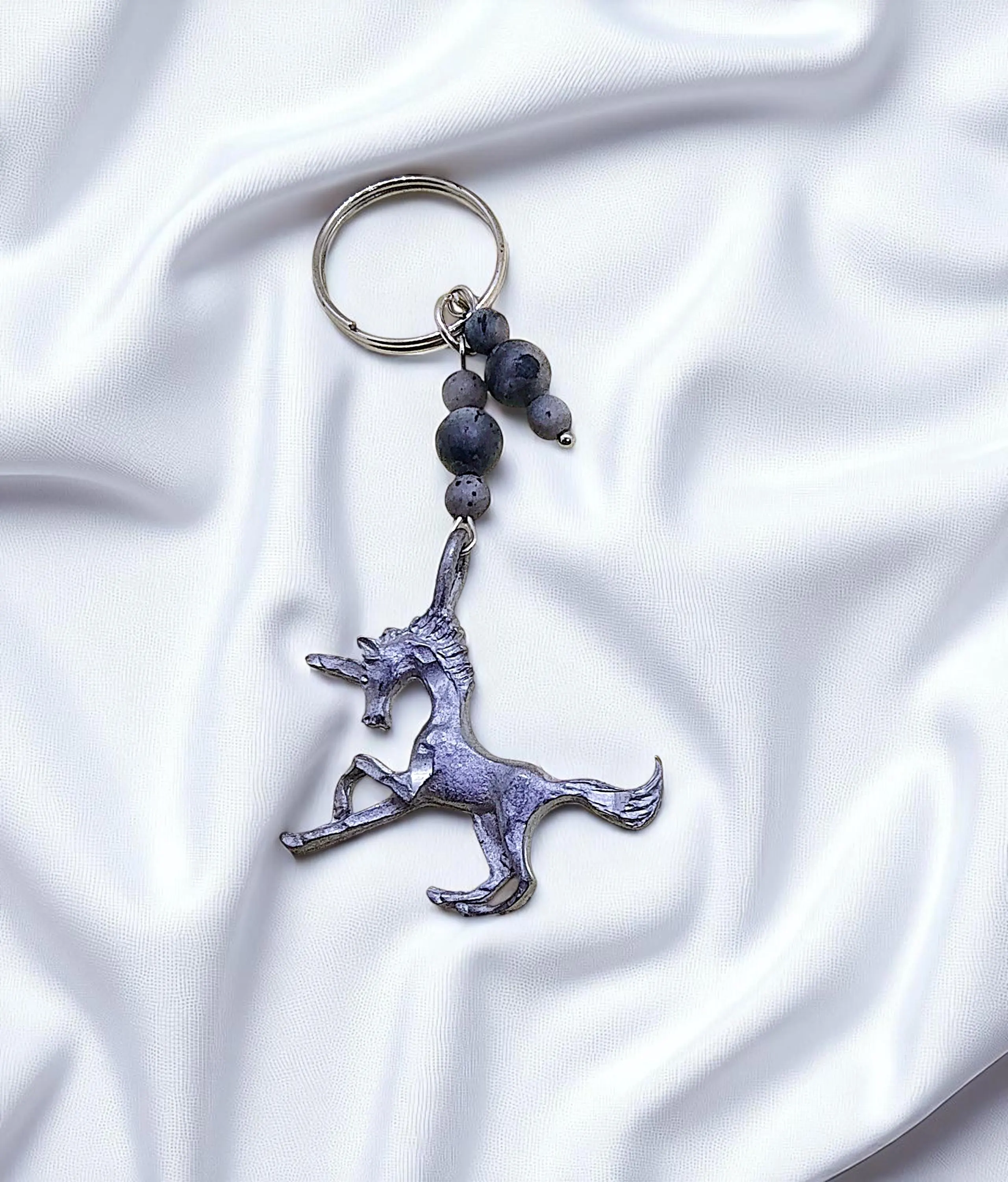 Pewter Unicorn Labradorite Gemstone Beaded Key Ring 