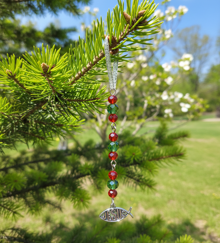 Christian Jesus Fish Beaded Holiday Icicle Ornament 