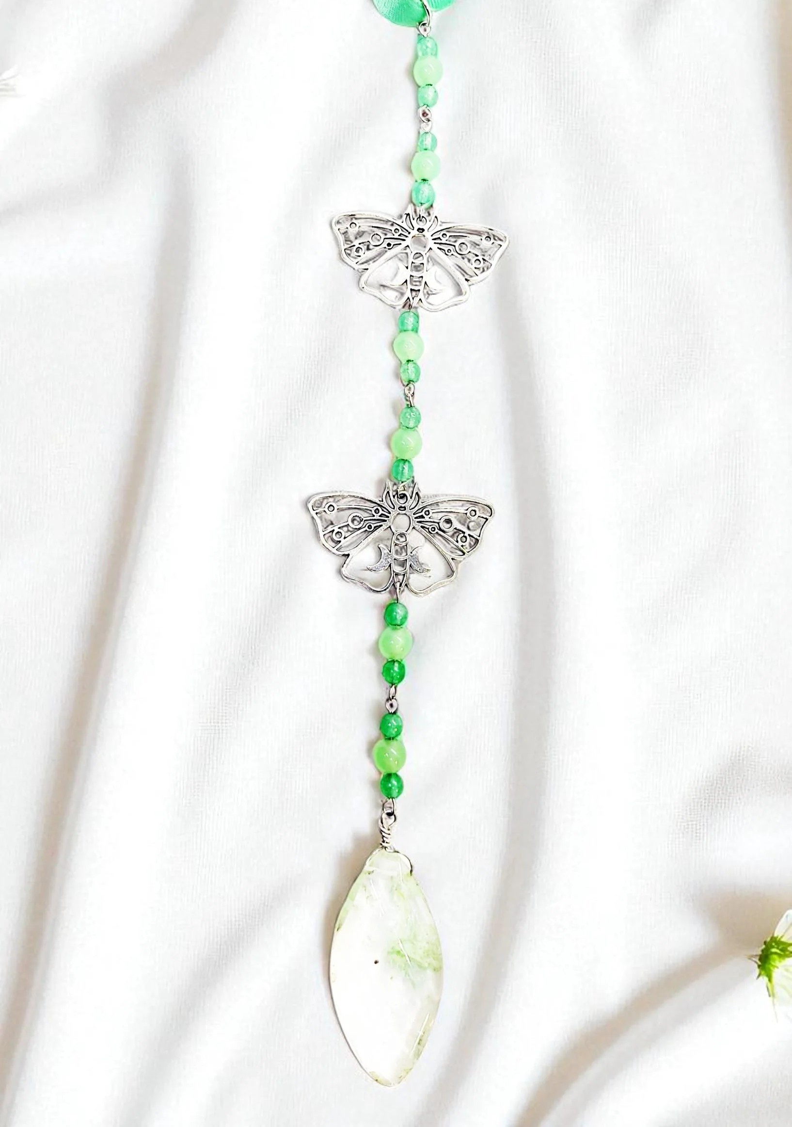 Hanging Beaded Green Gemstone Sun Catcher with Butterflies