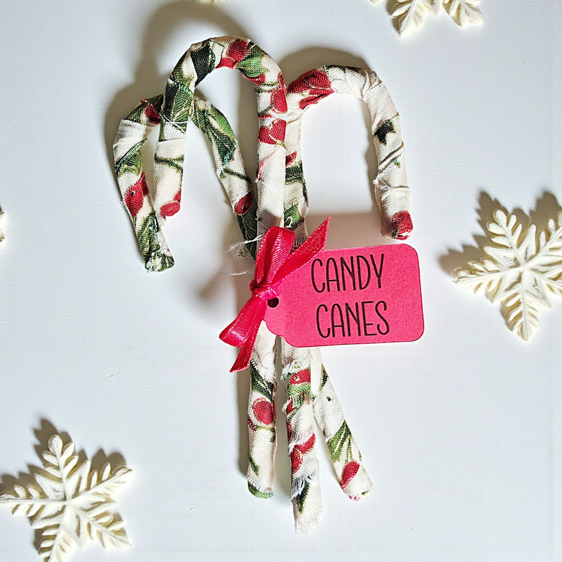 Primitive Fabric Wrapped Christmas Candy Canes with Tag