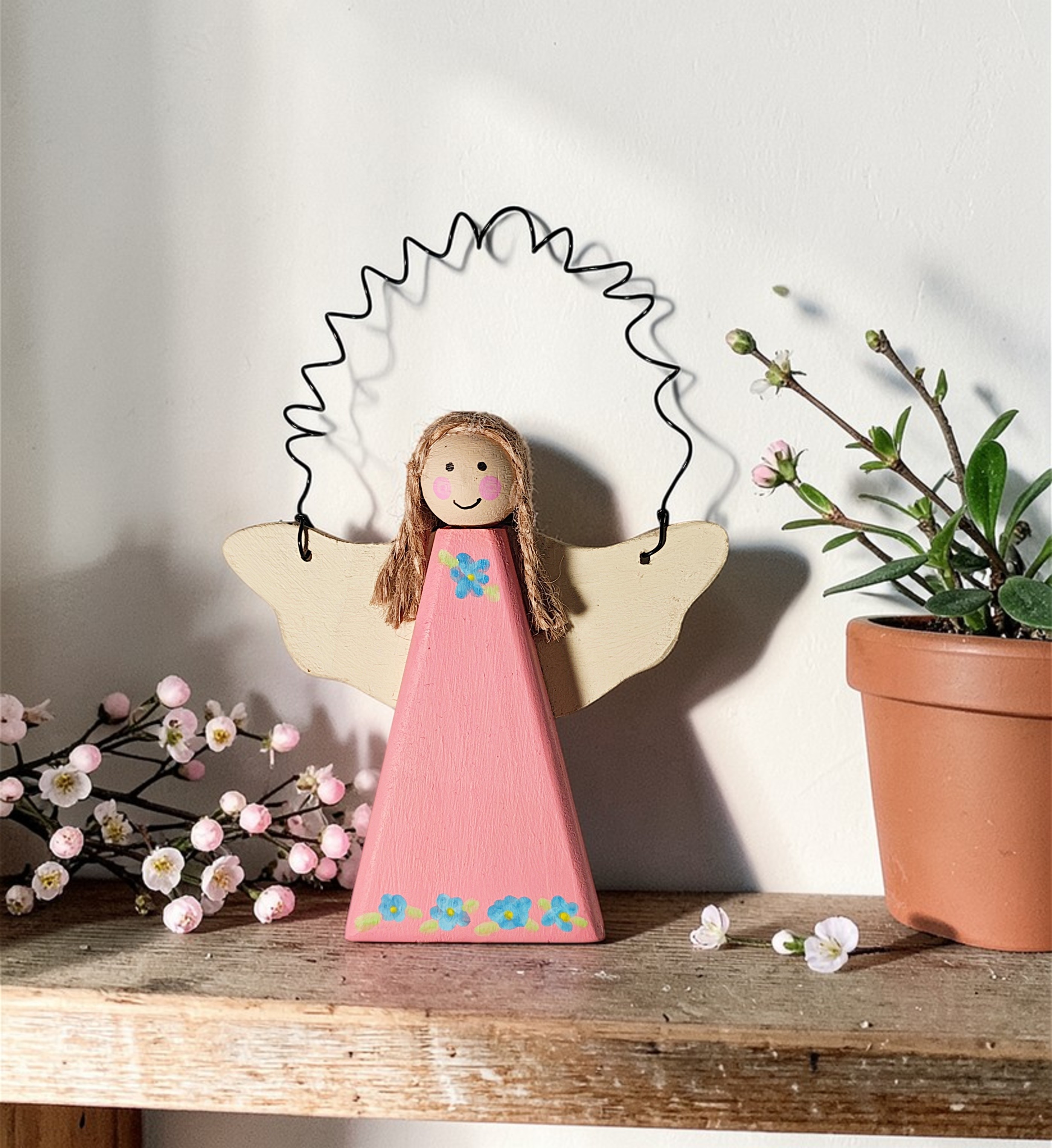 Wooden Spring Floral Angel Ornament