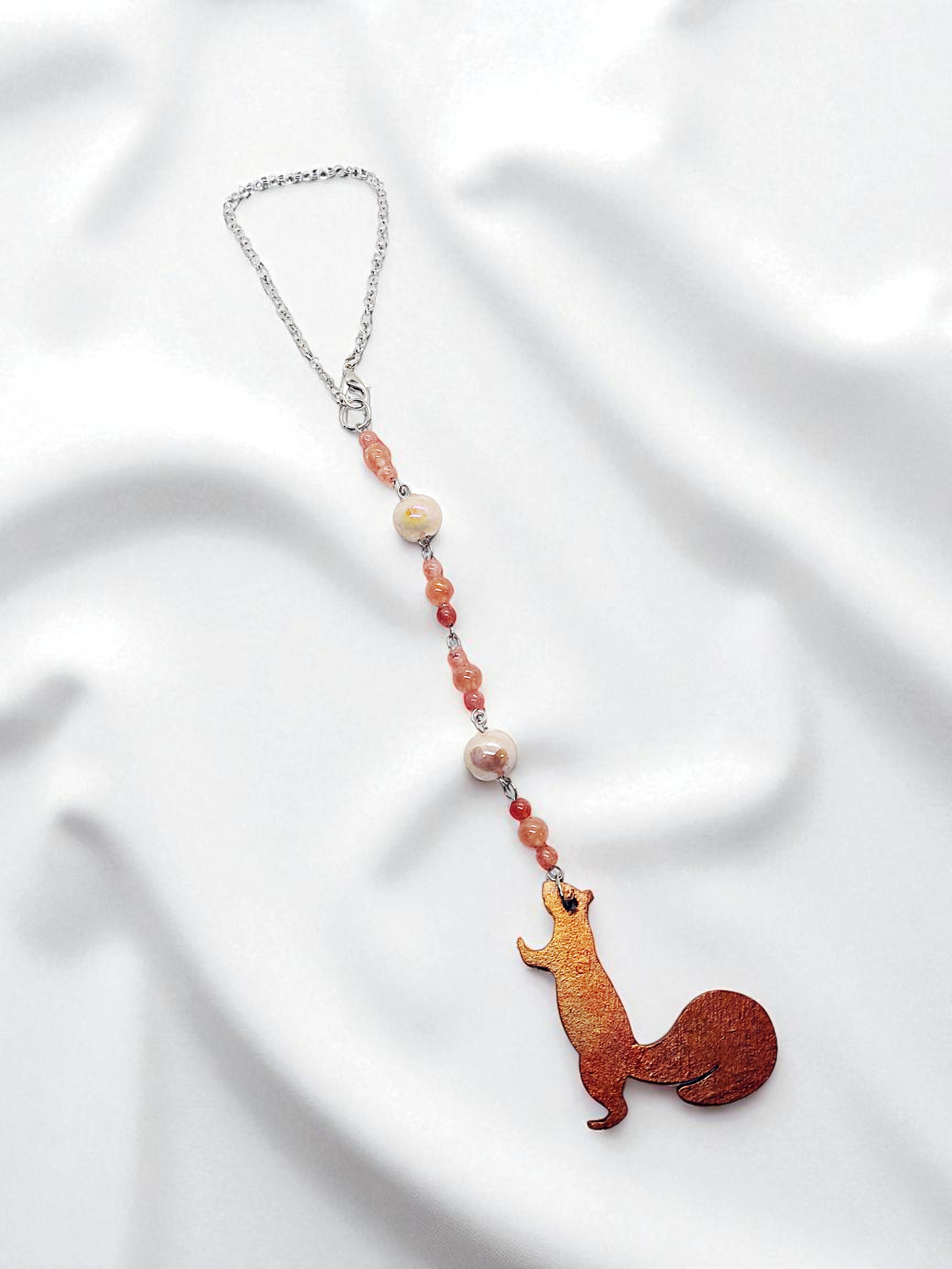 Wooden Squirrel and Beaded Gemstone Hanging Rearview Mirror Car Charm