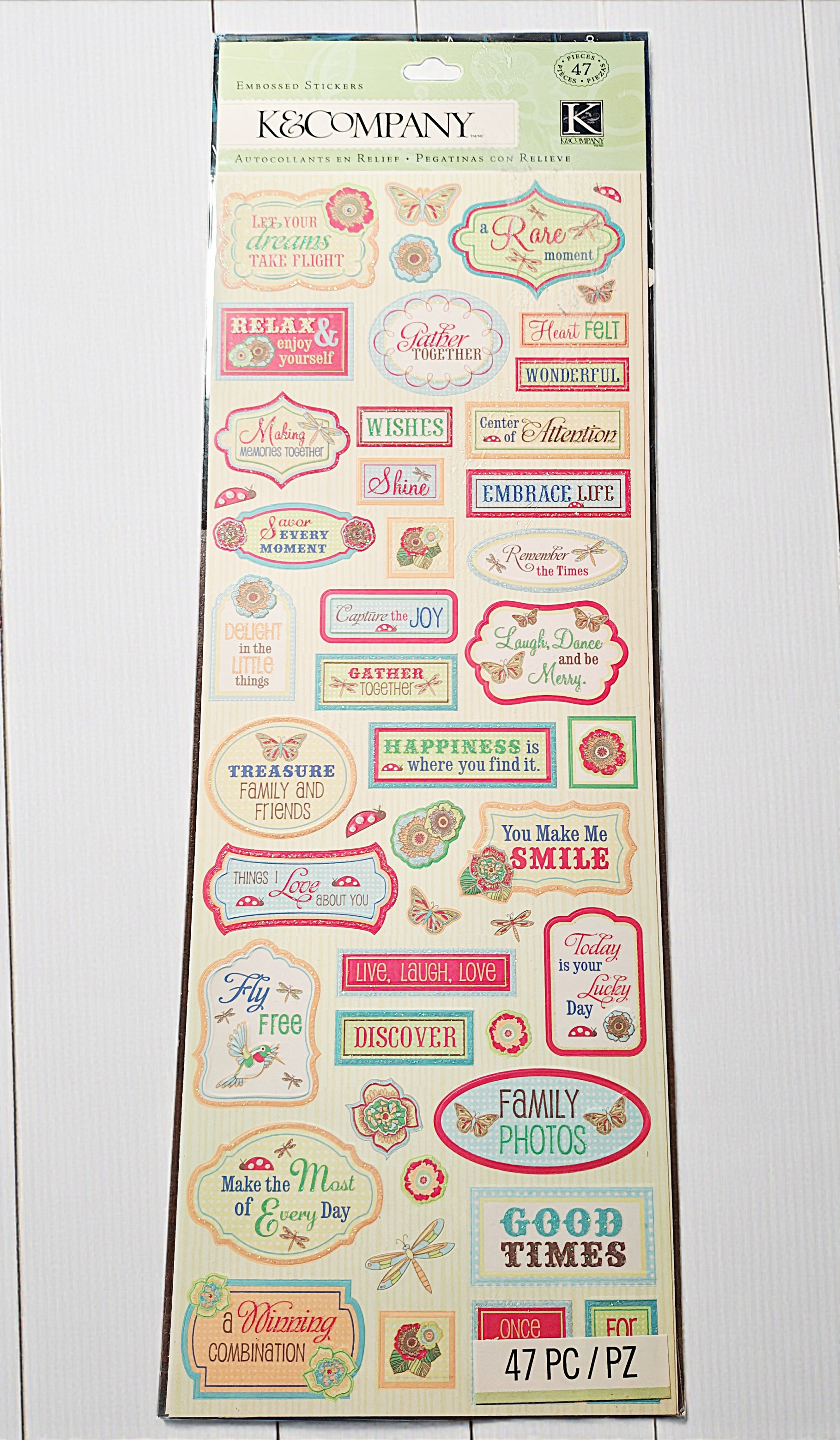 K&Company Eliza Embossed Sentiment Stickers – Inspirational Labels and Quotes, 47 Pcs