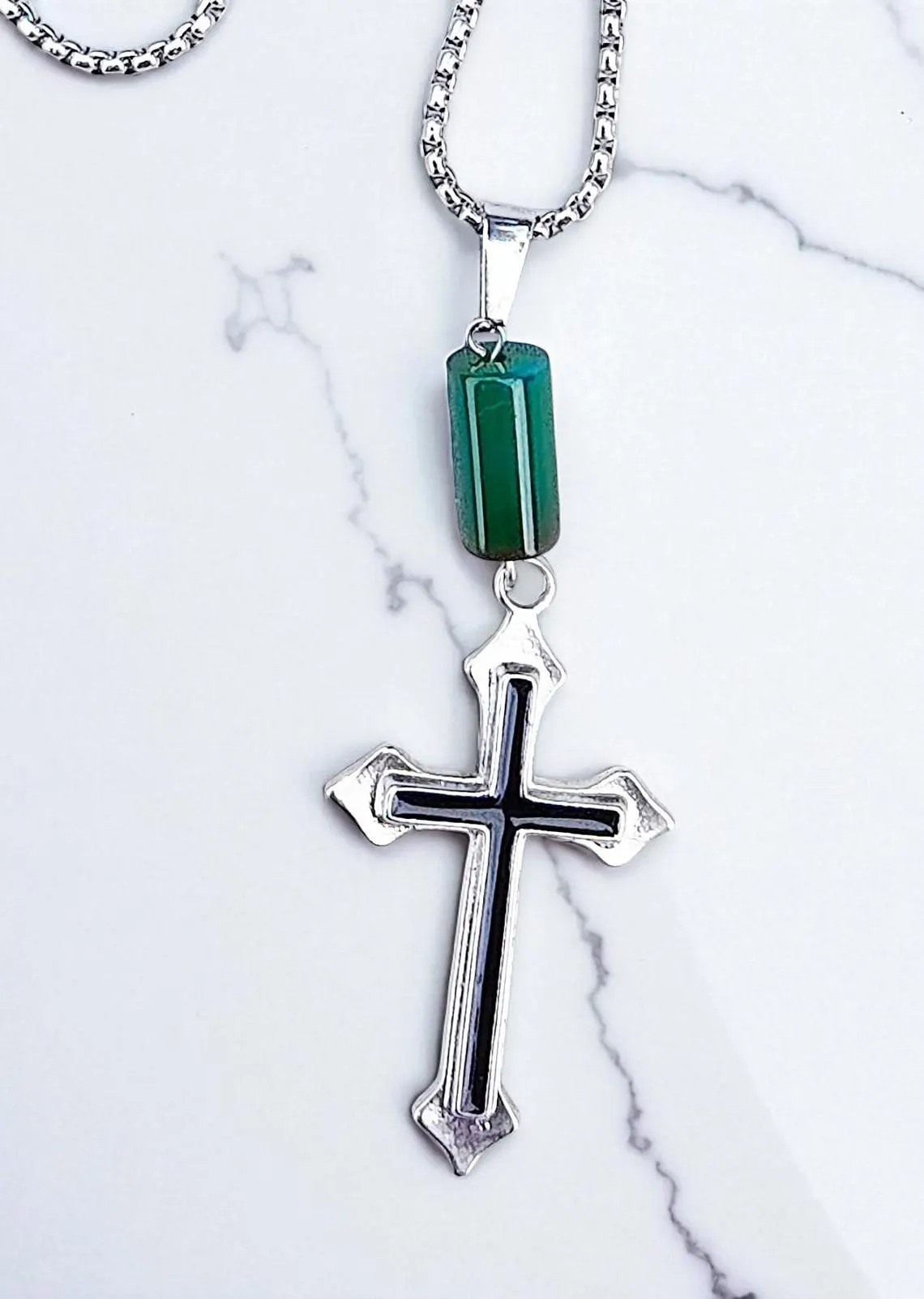 Men's Christian Cross Stainless Steel Gemstone Necklace