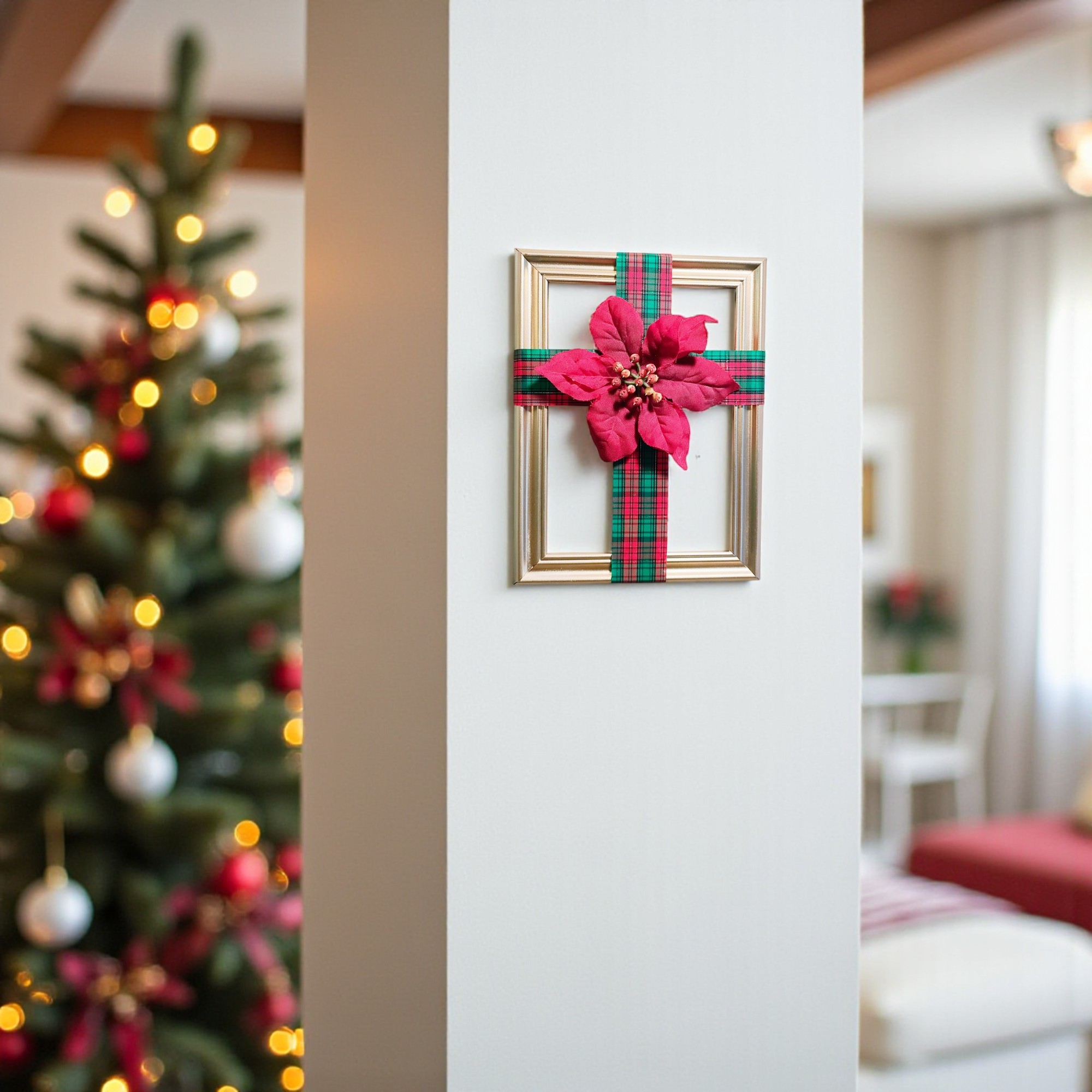 Gold Christmas Ribbon Cross Frame Wall Hanging with Poinsettia