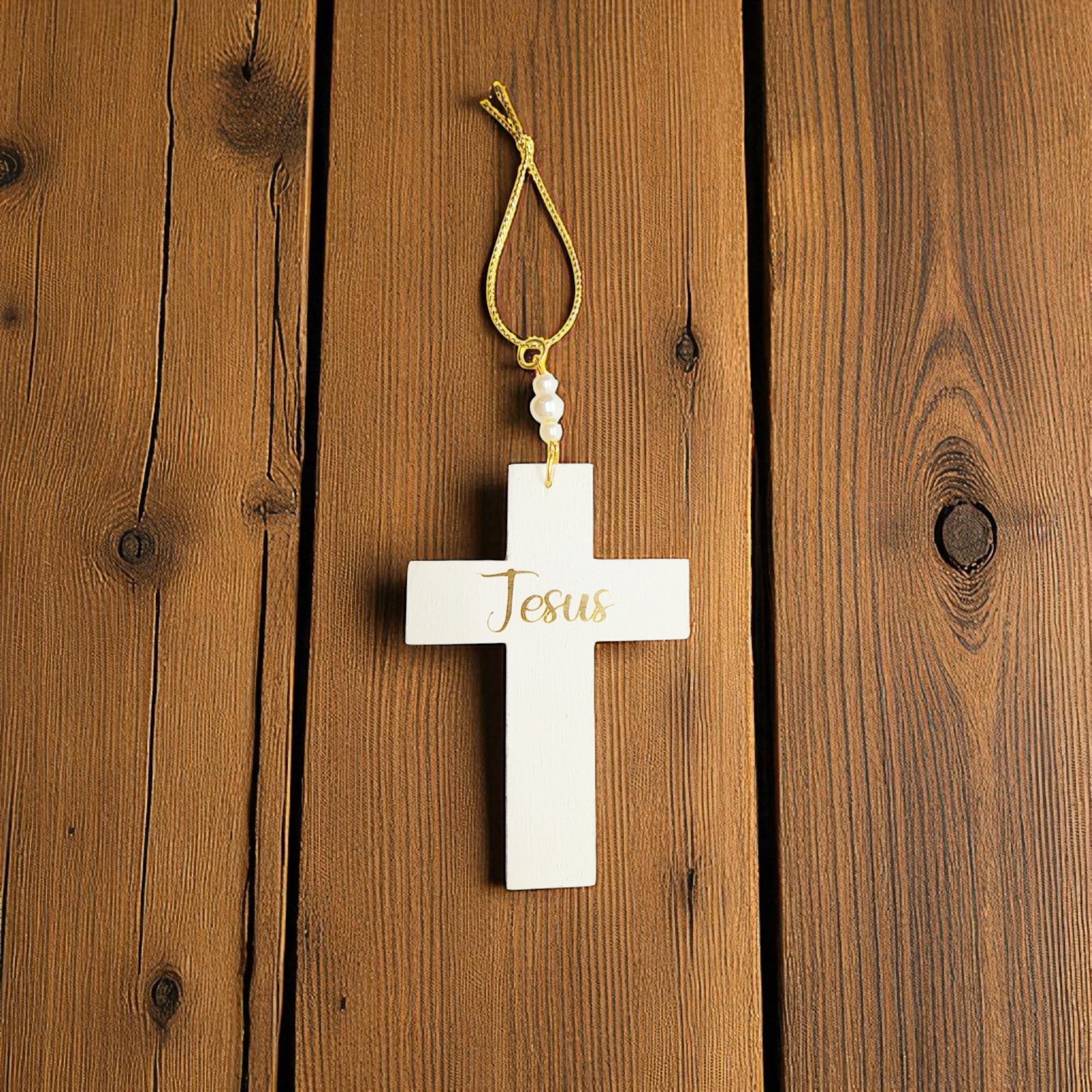 Christian Jesus Cross Pearl White and Gold Holiday Tree Ornament