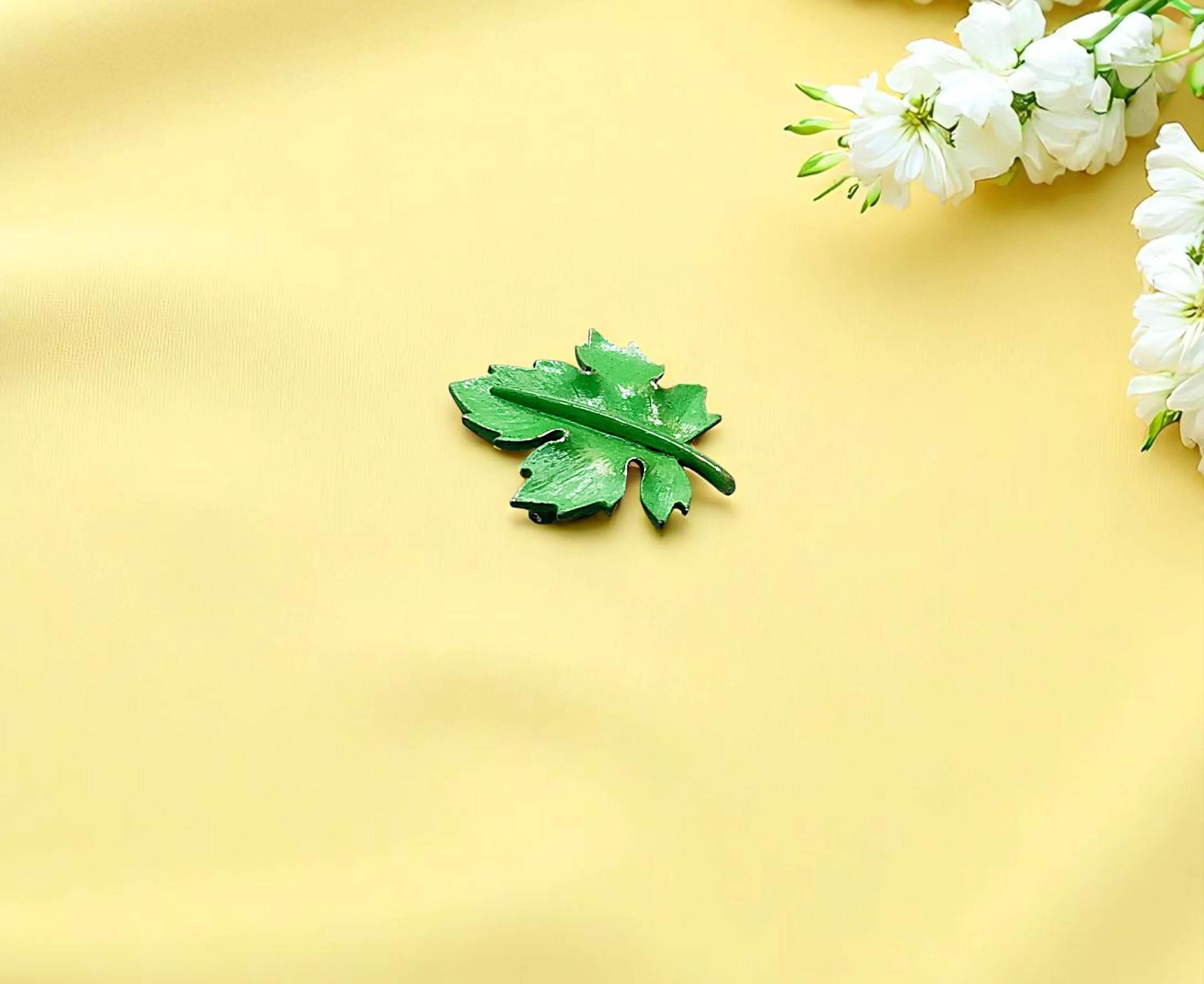 Green Painted Maple Leaf Brooch 