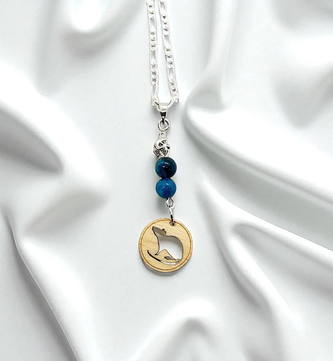 Cute Wooden Rat Silhouette & Blue Chalcedony Gemstone Pendant on Silver Plated Chain