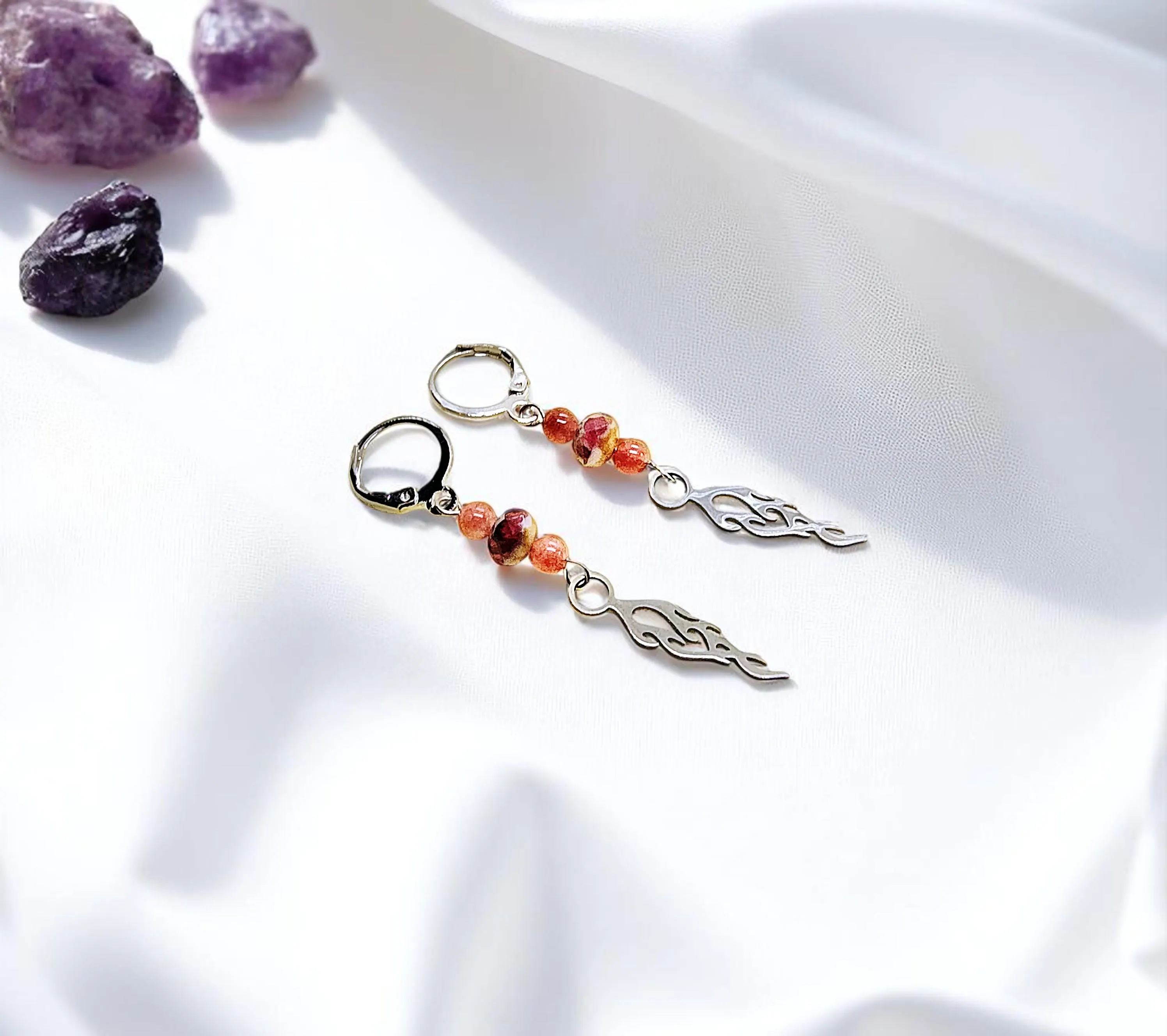 Handmade Flame Gemstone Earrings, Silver Dangle Earrings