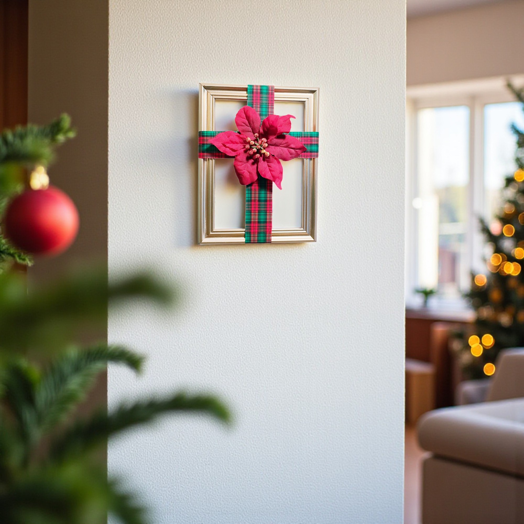 Gold Christmas Ribbon Cross Frame Wall Hanging with Poinsettia