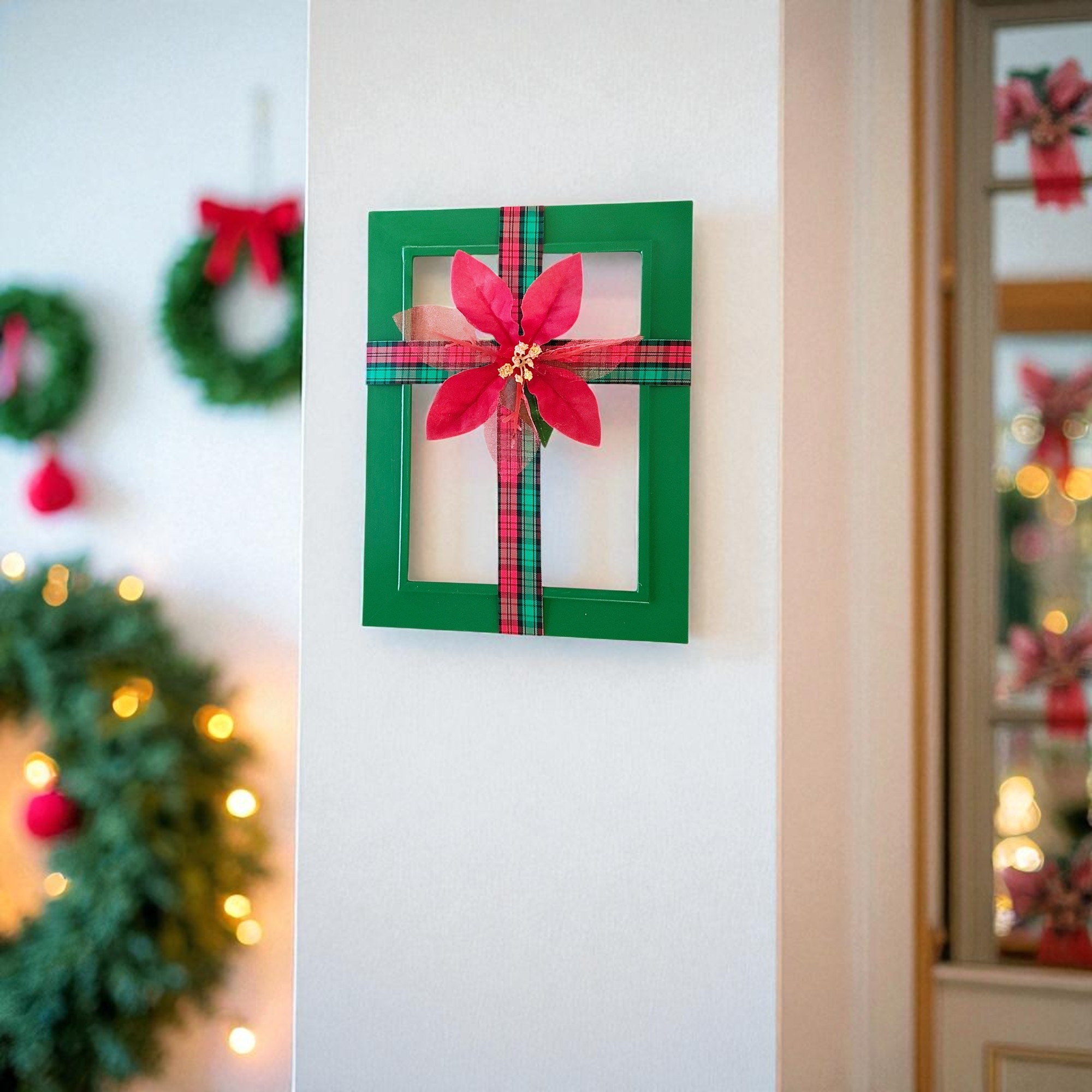 Christmas Ribbon Cross Frame Wall Hanging with Poinsettia