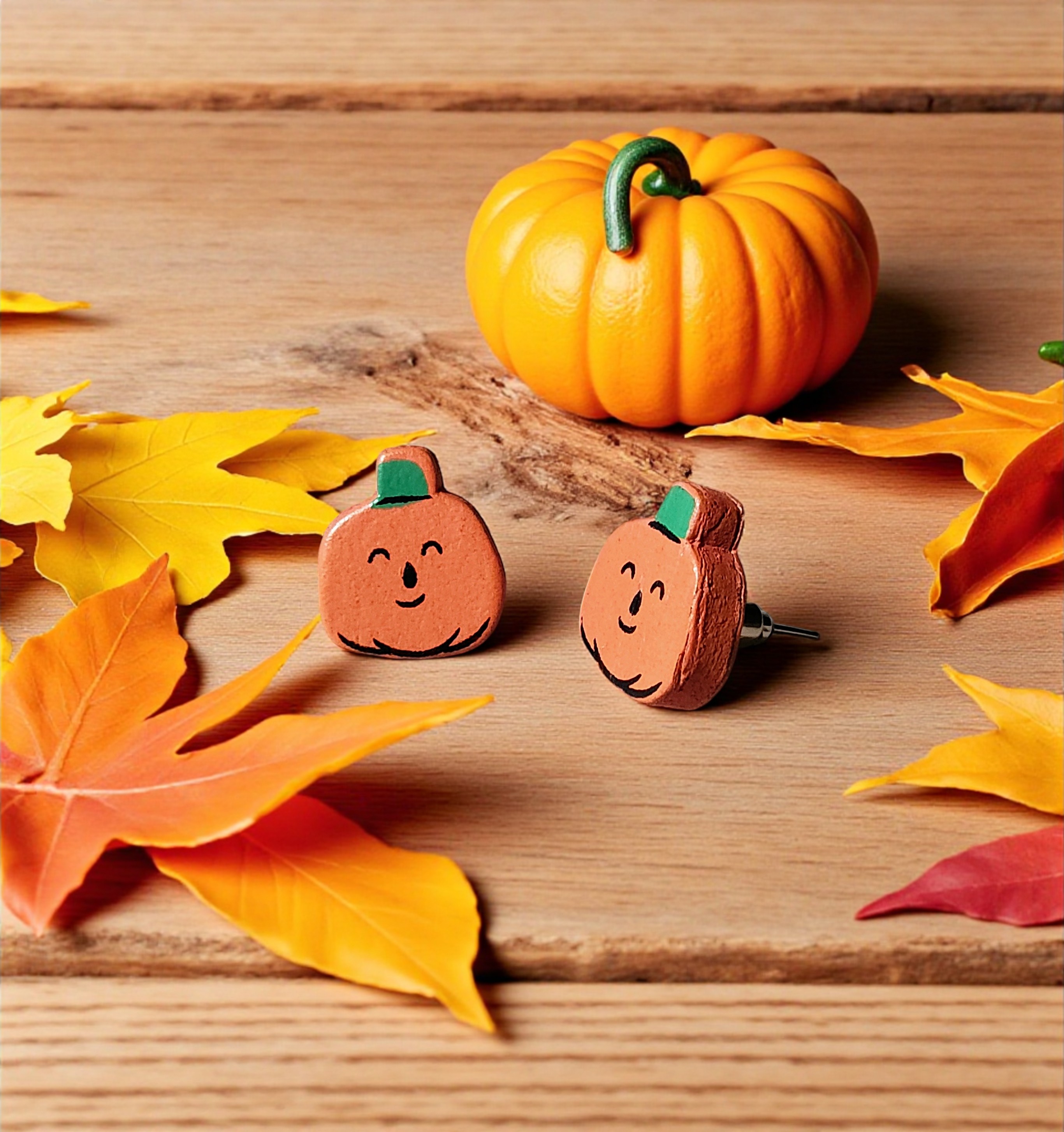 Cute Wood Orange Pumpkin Post Earrings