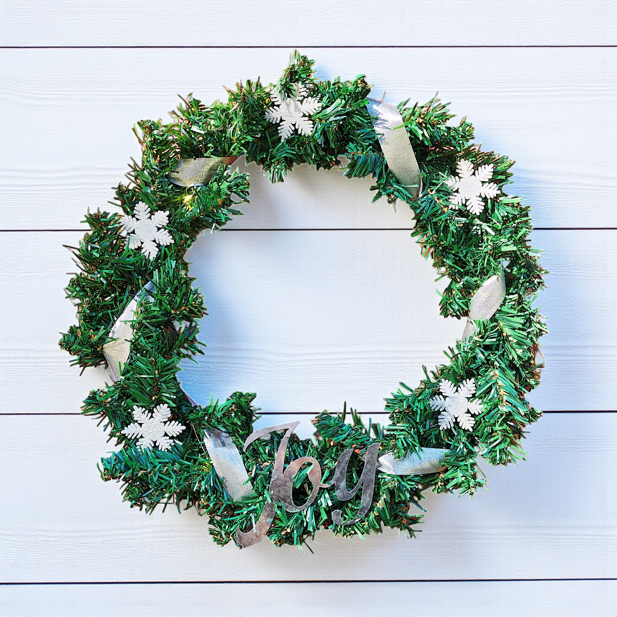 Festive 15 Inch Lighted Christmas Pine JOY Snowflake Wreath