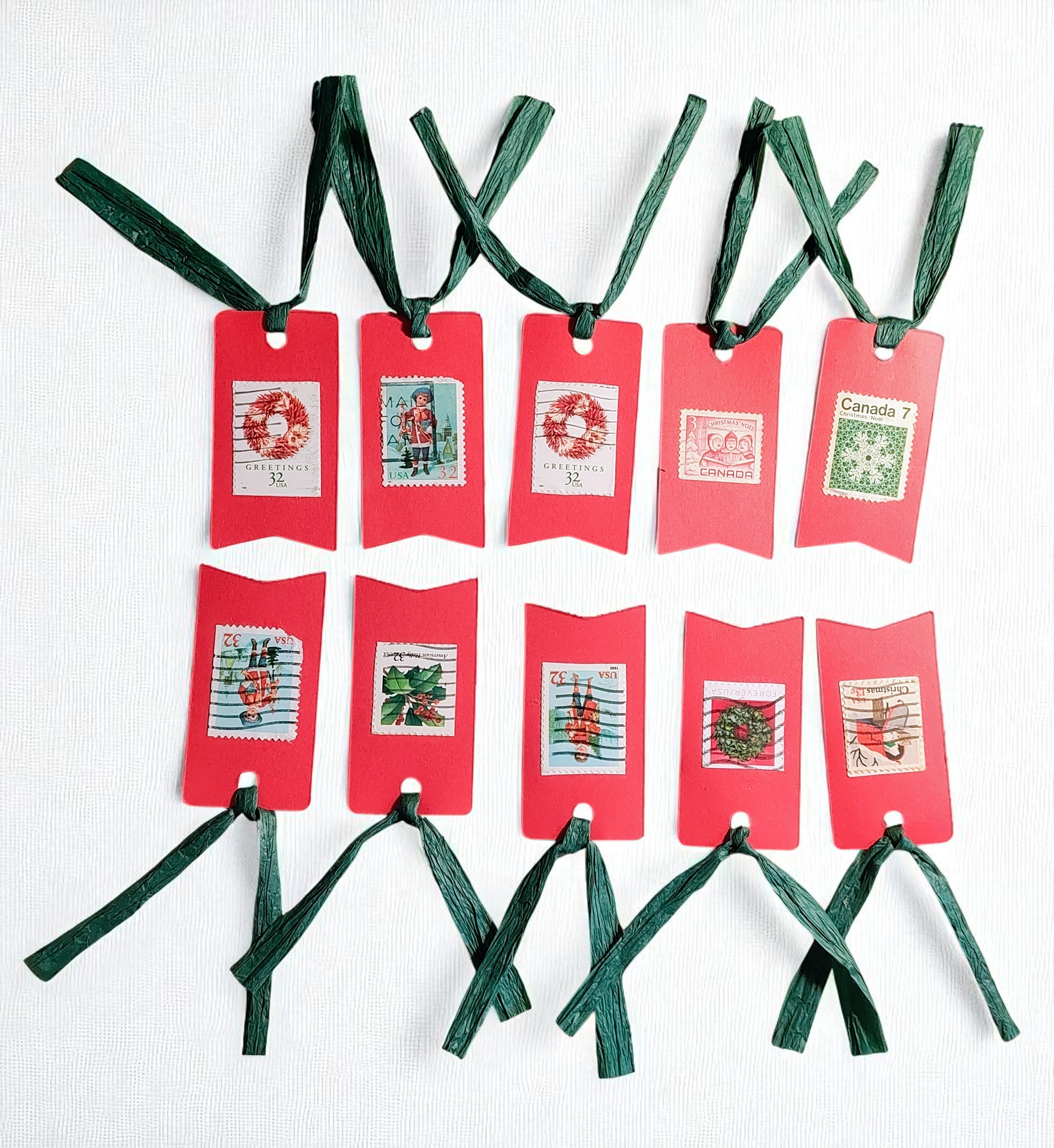 Handmade Vintage Postage Stamp Christmas Gift Tags - Set of 10