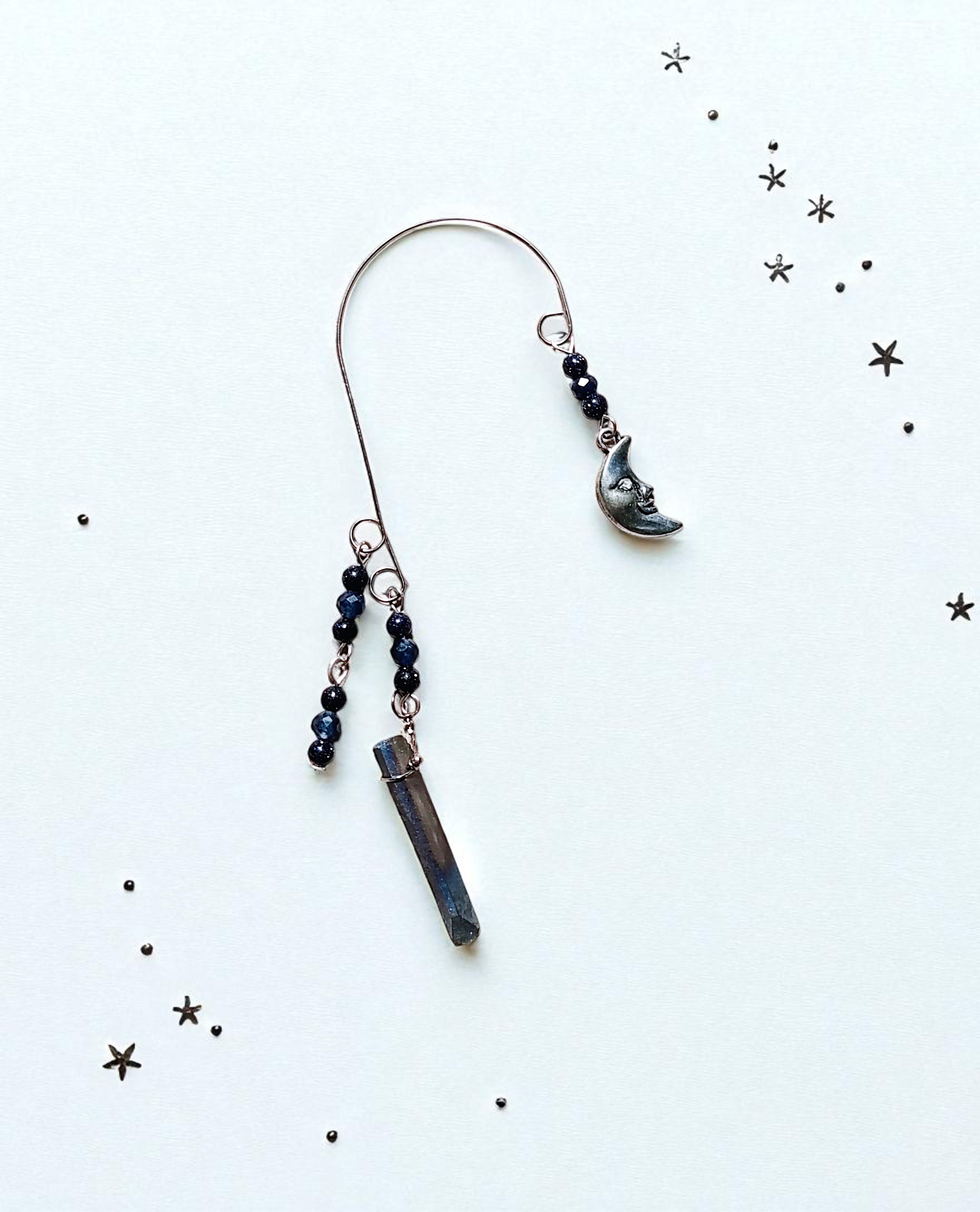 Silver Celestial Moon & Blue Gemstone Ear Cuff Wrap