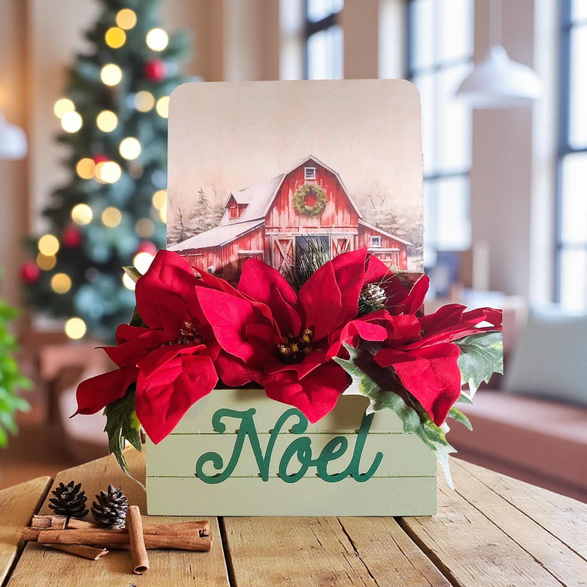 Winter Scene Poinsettia Floral Arrangement in Wood Decoupaged Planter