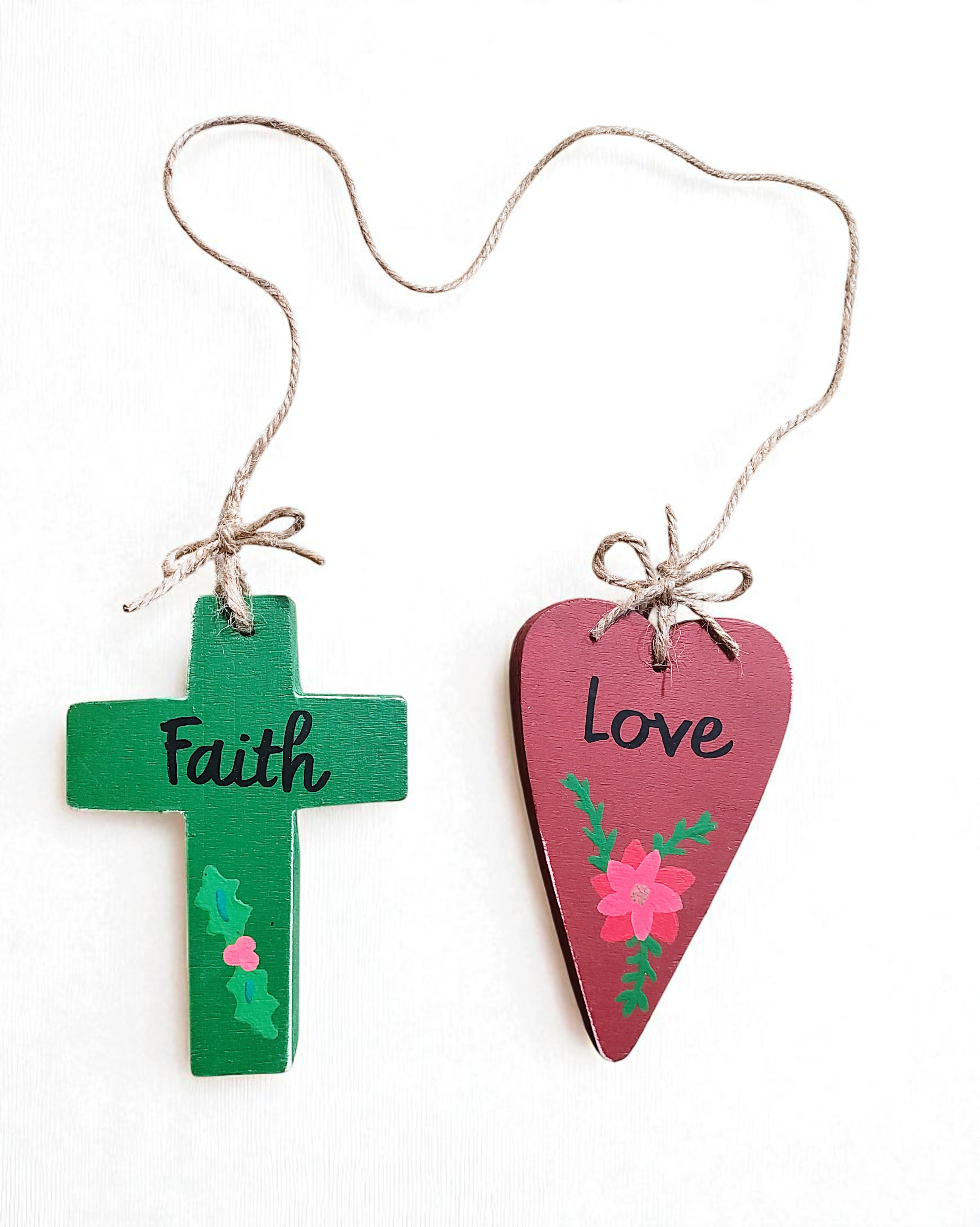 Wooden Faith Cross & Love Heart Decorative Ornament