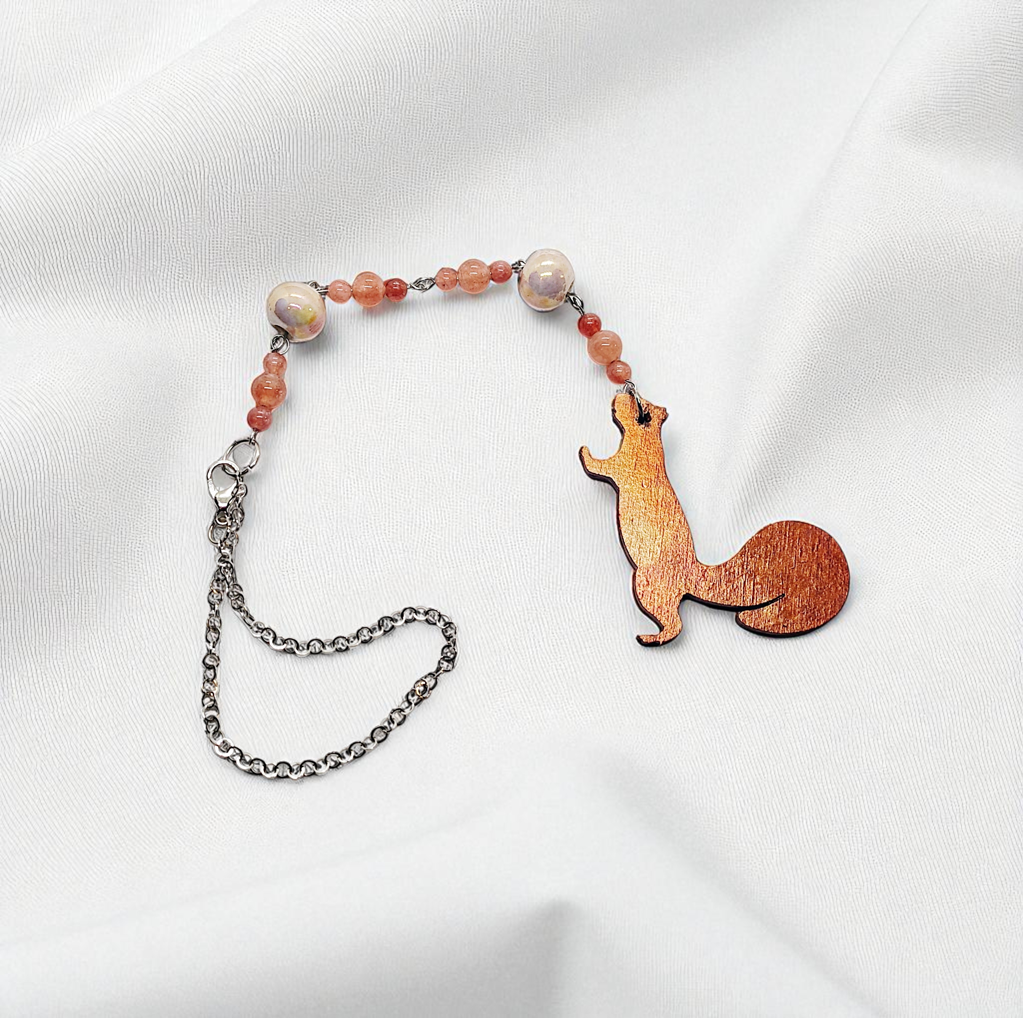 Wooden Squirrel and Beaded Gemstone Hanging Rearview Mirror Car Charm
