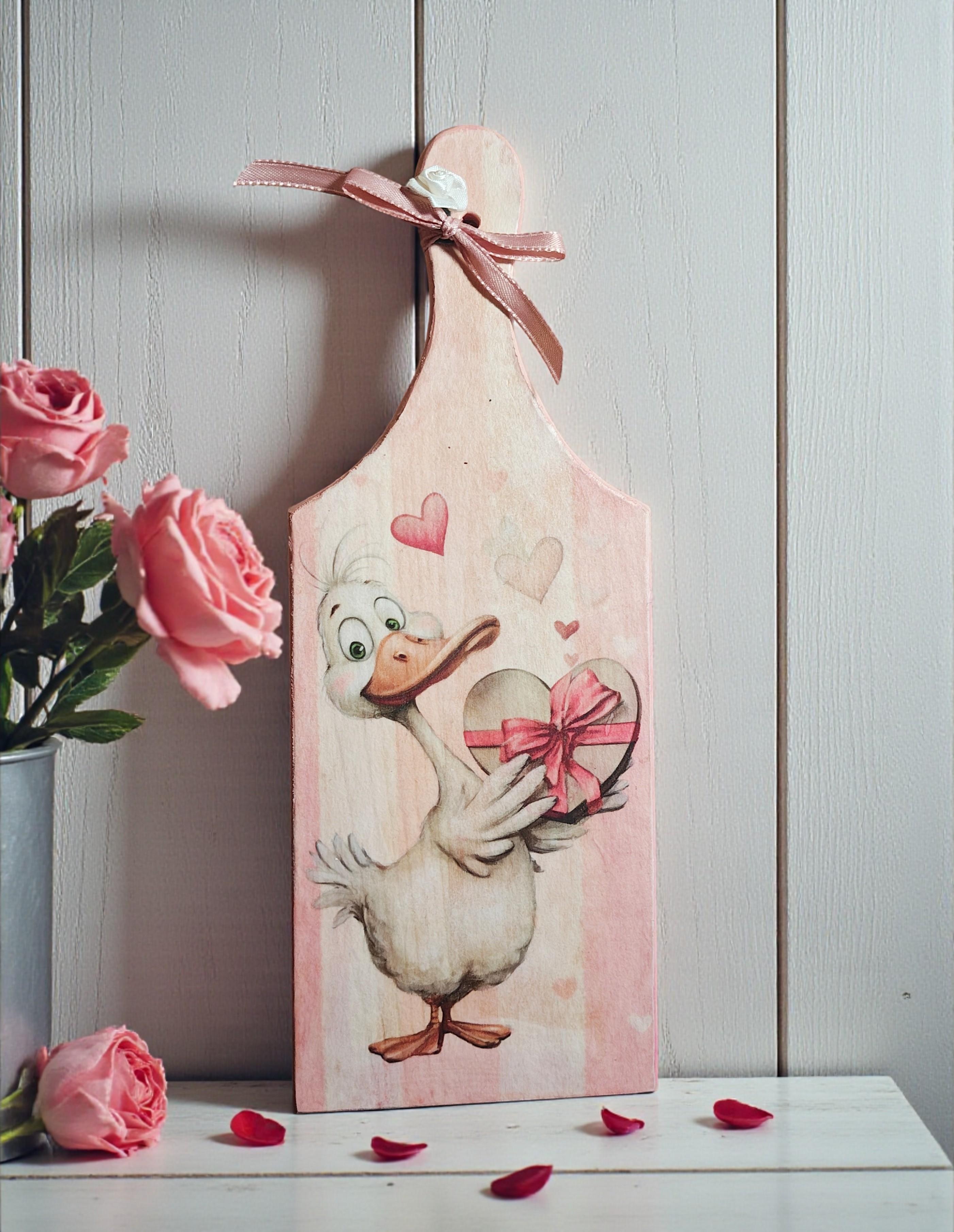 Small Wooden Valentine Goose & Hearts Cutting Board