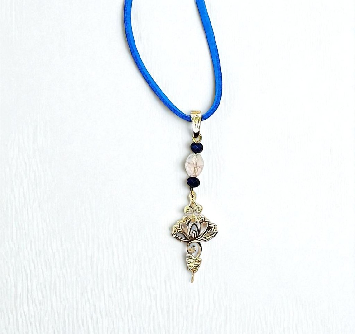 Gold Lotus Flower Gemstone Pendant Blue Suede Cord Necklace