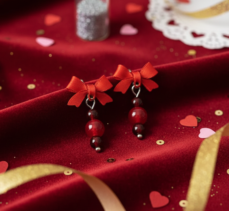 Handcrafted Red Garnet Gemstone Post Bow Earrings 