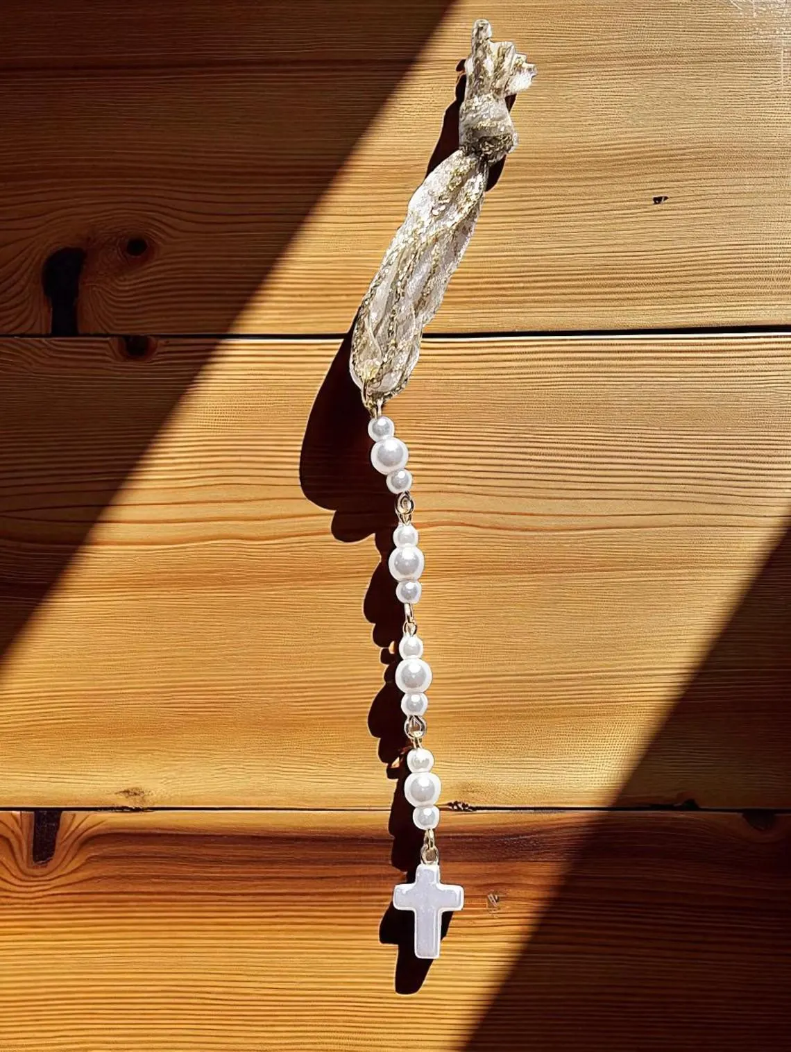 Christian Cross Pearl Beaded Icicle Accent Ornament - Handmade Collectible