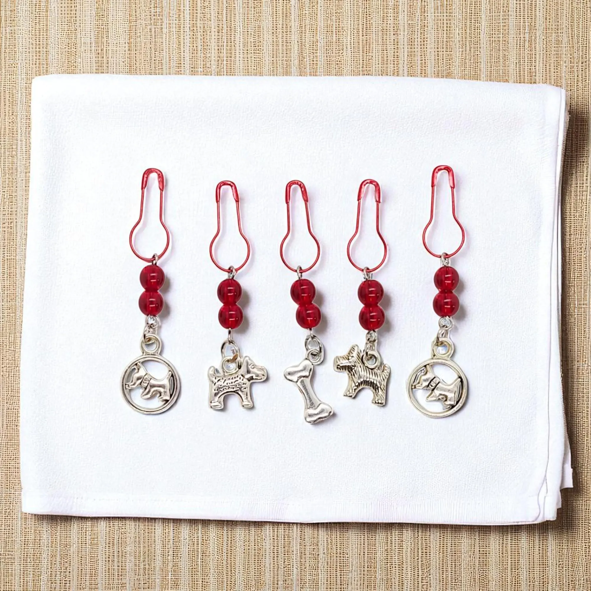 Scottie Dog & Red Gemstone Beaded Stitch Markers 