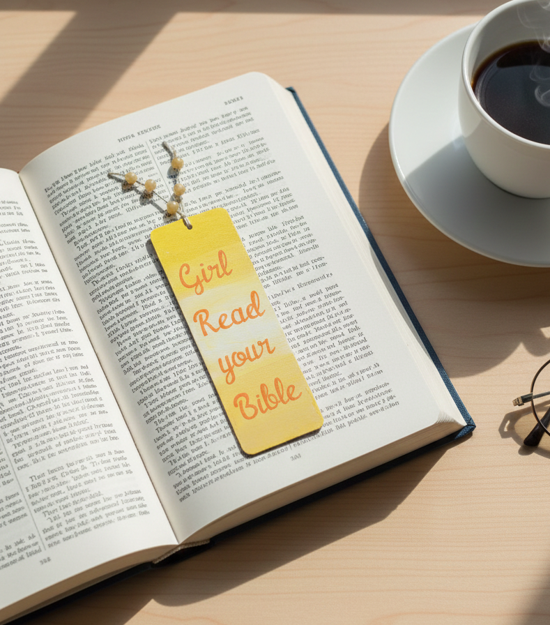 Handmade Wooden Girl, Read Your Bible Yellow Bookmark