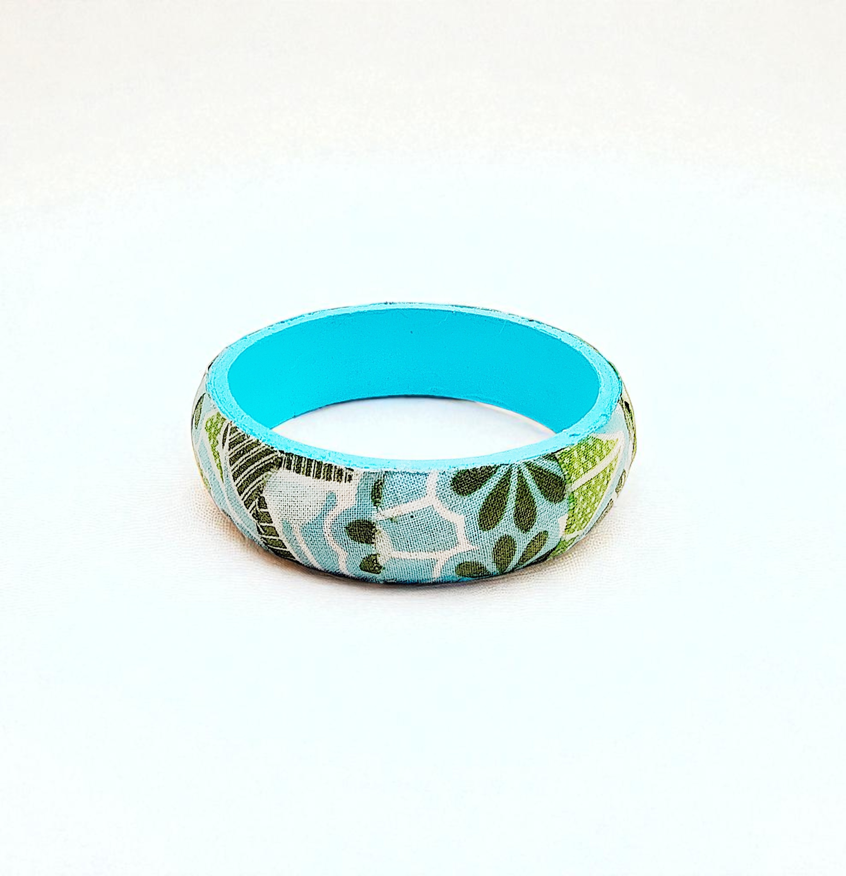 Retro Blue & Green Wood and Fabric-Covered Bangle Bracelet
