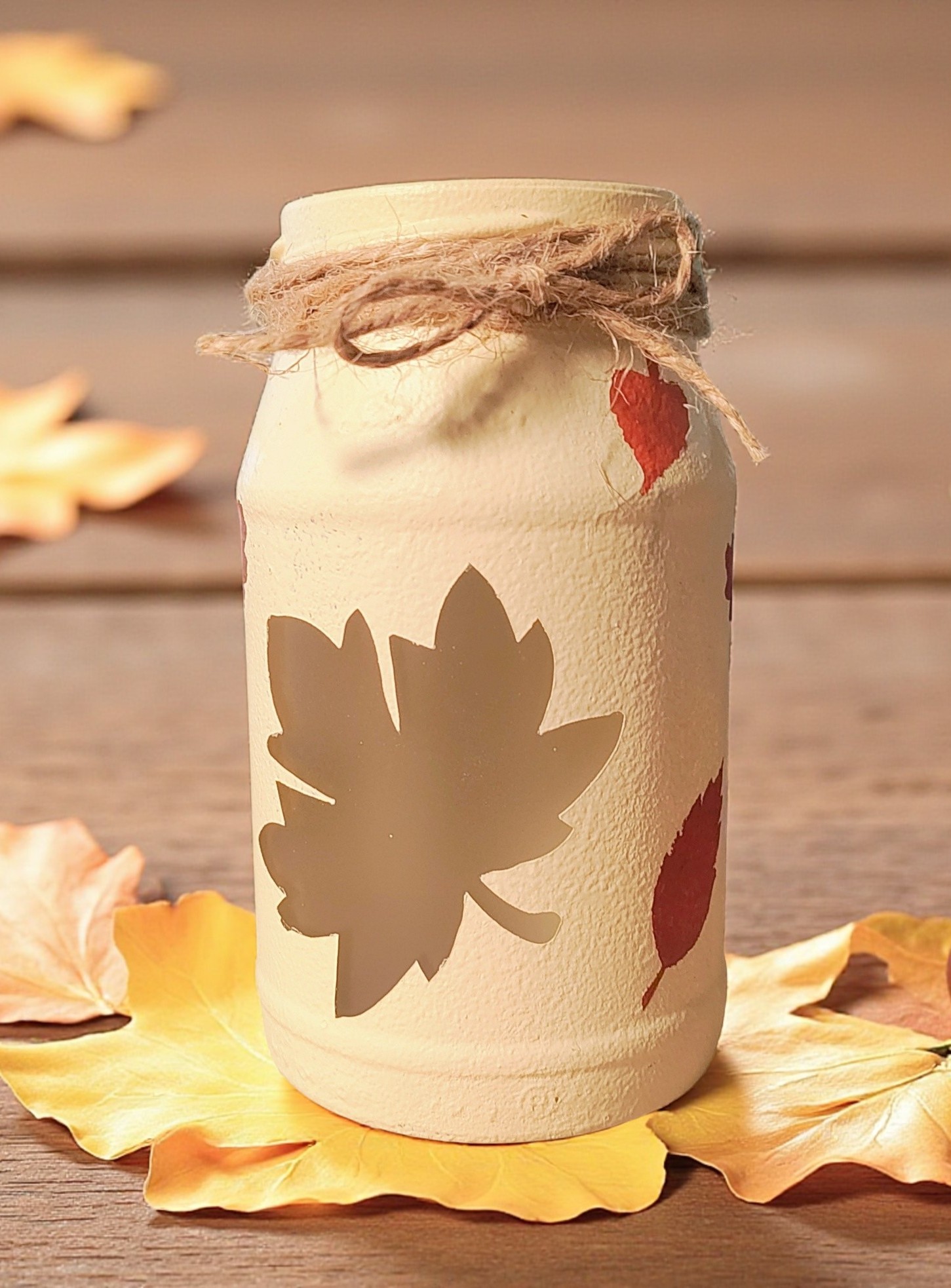 Hand Painted Autumn Leaves Glass Jar Tealight Candle Holder