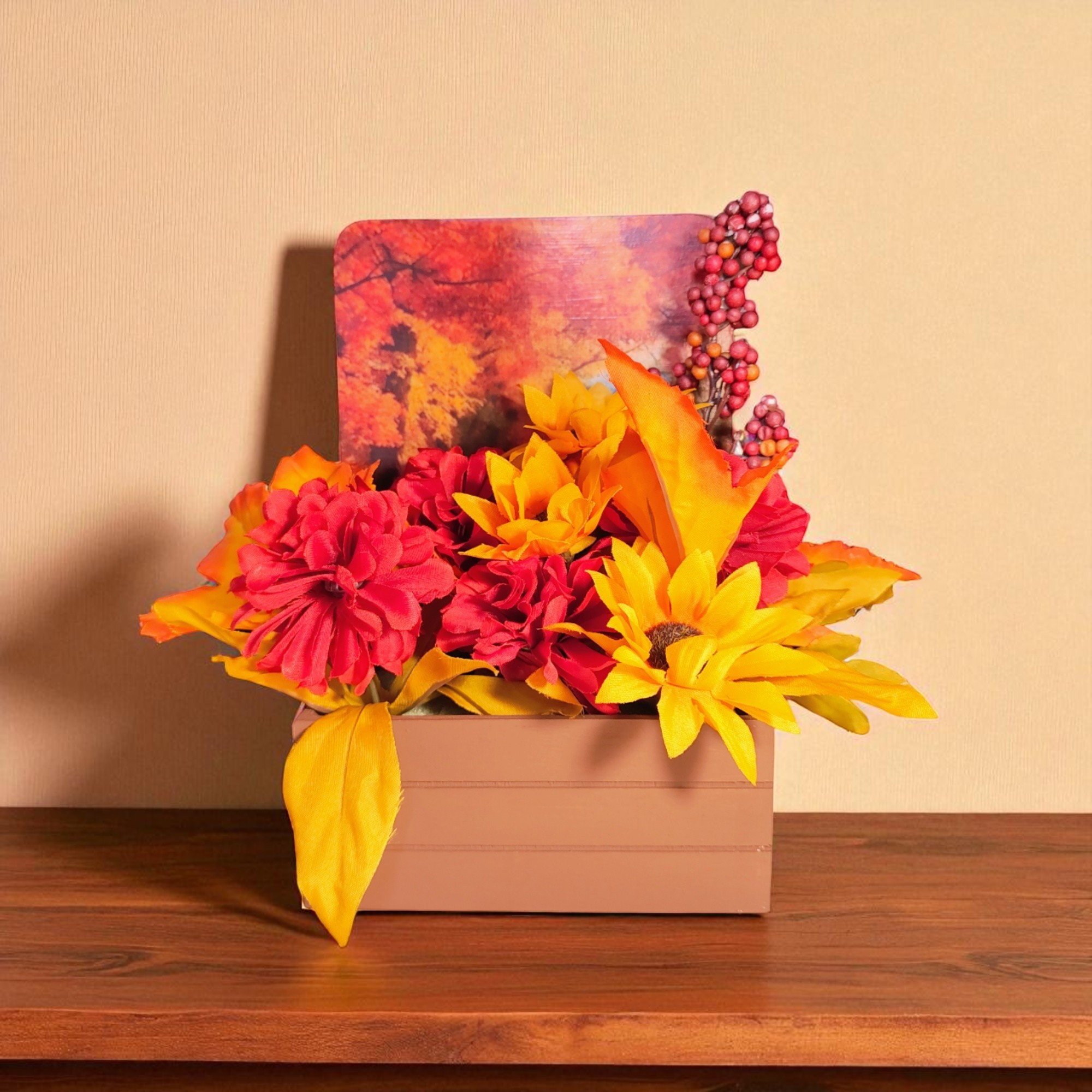 Autumn Harvest Flower Arrangement in Wooden Decoupaged Planter