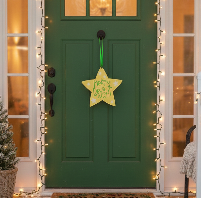 Wooden Yellow Merry & Bright Star Shaped Sign 
