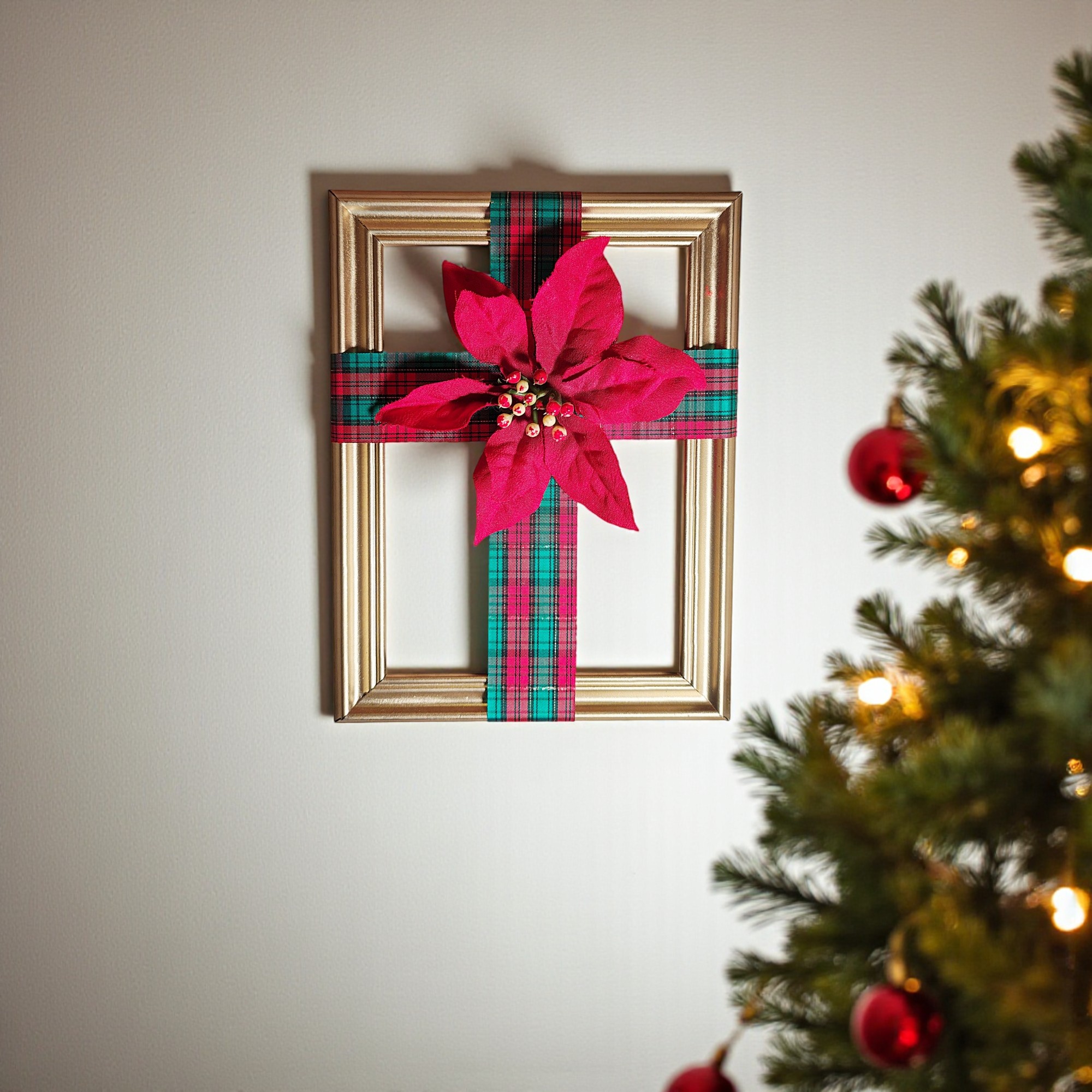 Gold Christmas Ribbon Cross Frame Wall Hanging with Poinsettia